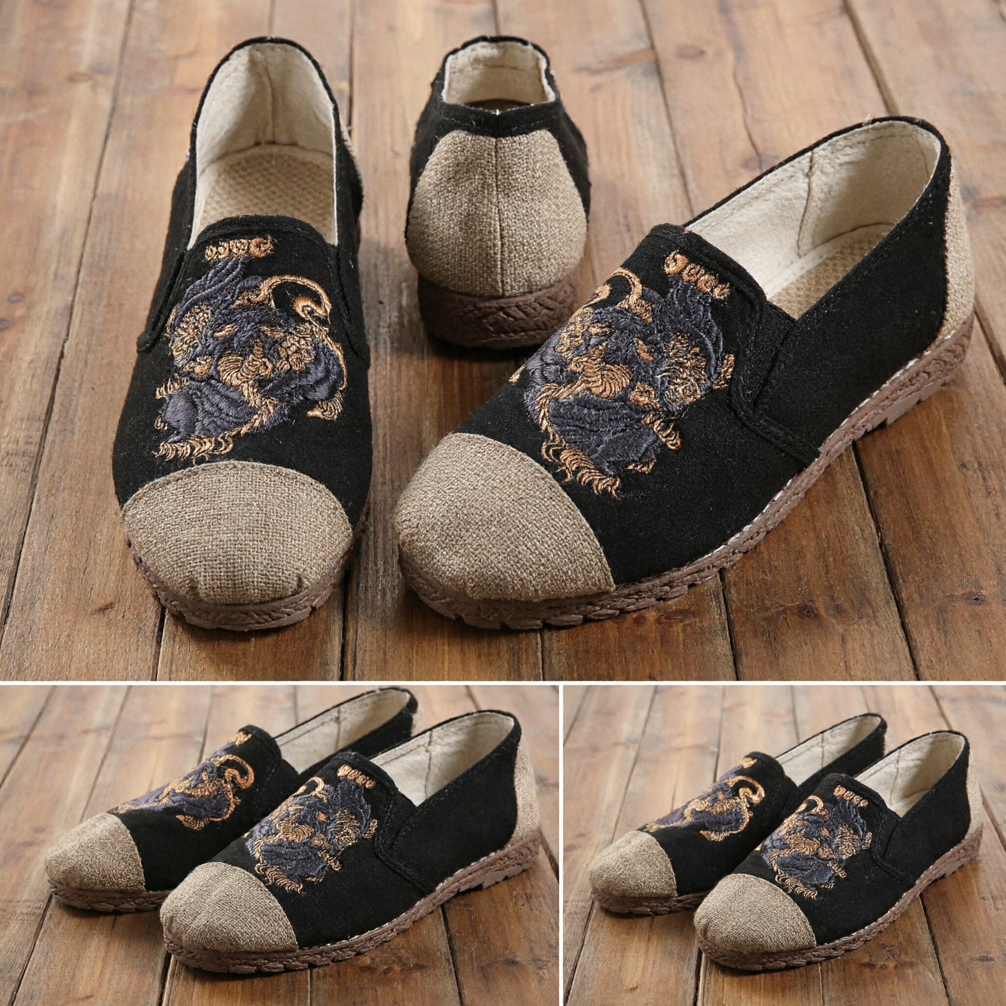 Heren Traditionele Chinese Kung Fu Schoenen, Zwart Drakenborduurwerk Stoffen Mocassins Tai Chi Casual Pantoffels - Asian Costume