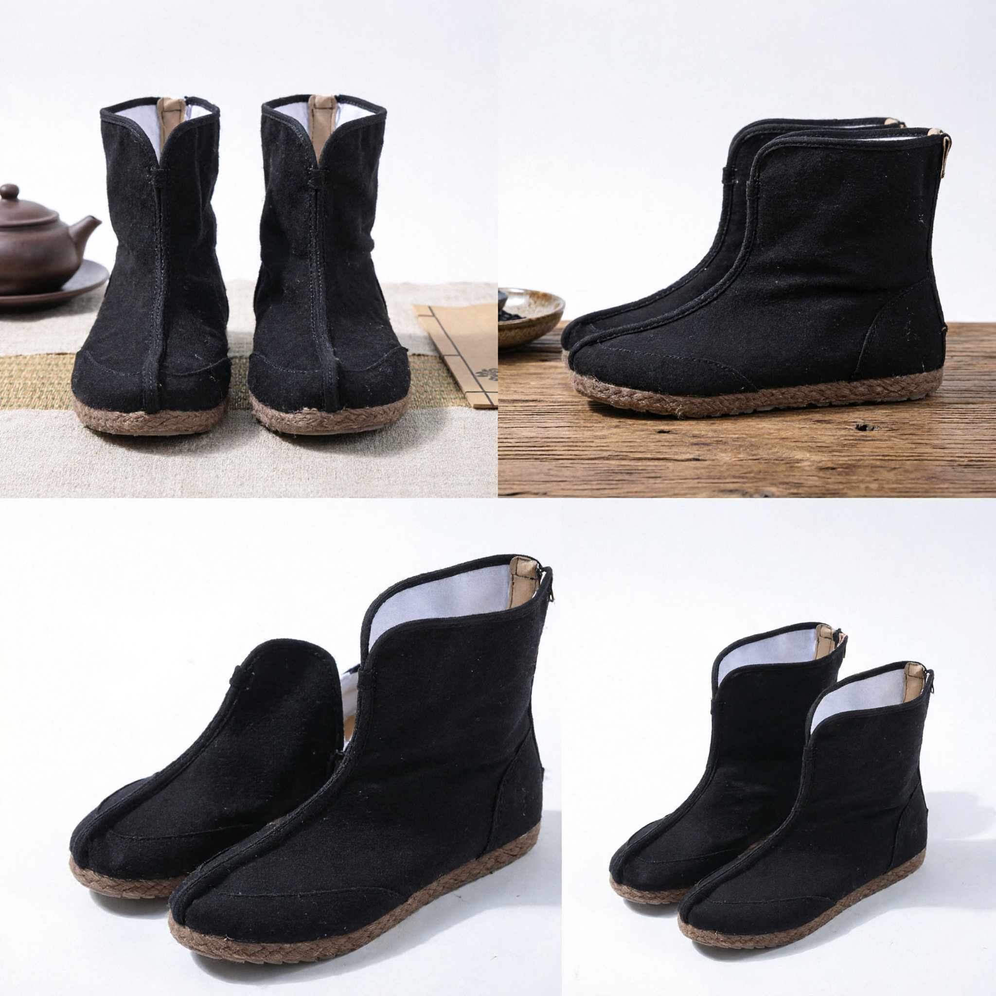 Traditional Chinese Kung Fu Boots Men Black Cloth Ankle Boots Hemp Sole Tang Suit Shoes for Martial Arts - Asian Costume