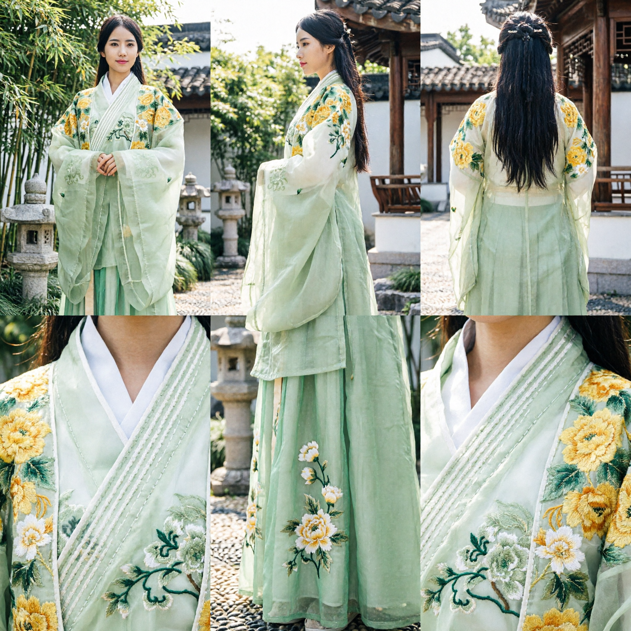 Traje Hanfu Tradicional Chino, Vestido de Princesa Antiguo con Bordado Floral Verde, Elegante Vestido de Manga Ancha para Mujeres - Asian Costume