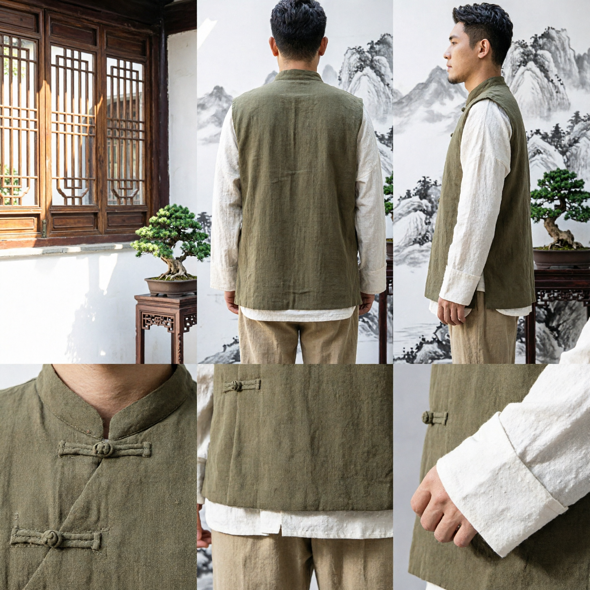 Colete Tang Suit Chinês Tradicional para Homens Colete de Linho Verde Oliva com Gola Mandarim para Tai Chi - Asian Costume