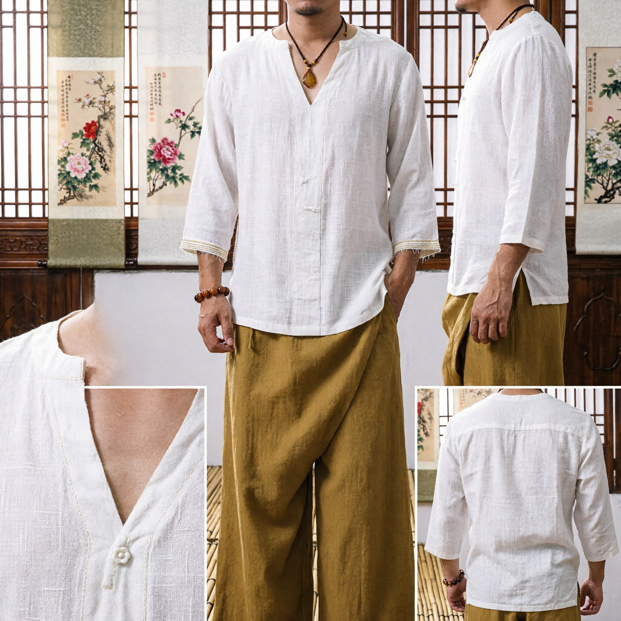 Camisa de Linho Branca Chinesa Tradicional para Homens Top Casual V-Neck para Kung Fu Tai Chi Zen - Asian Costume