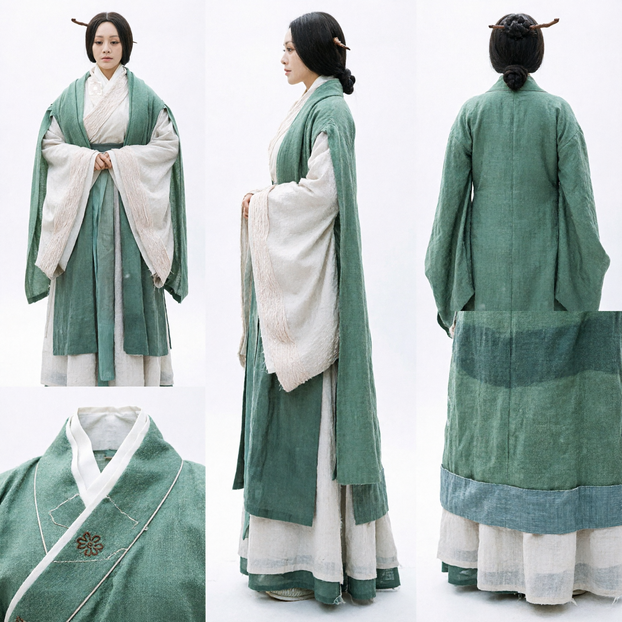 Antico Hanfu Cinese Tradizionale, Veste Verde e Bianca della Dinastia Han per Donne, Cosplay Storico - Asian Costume