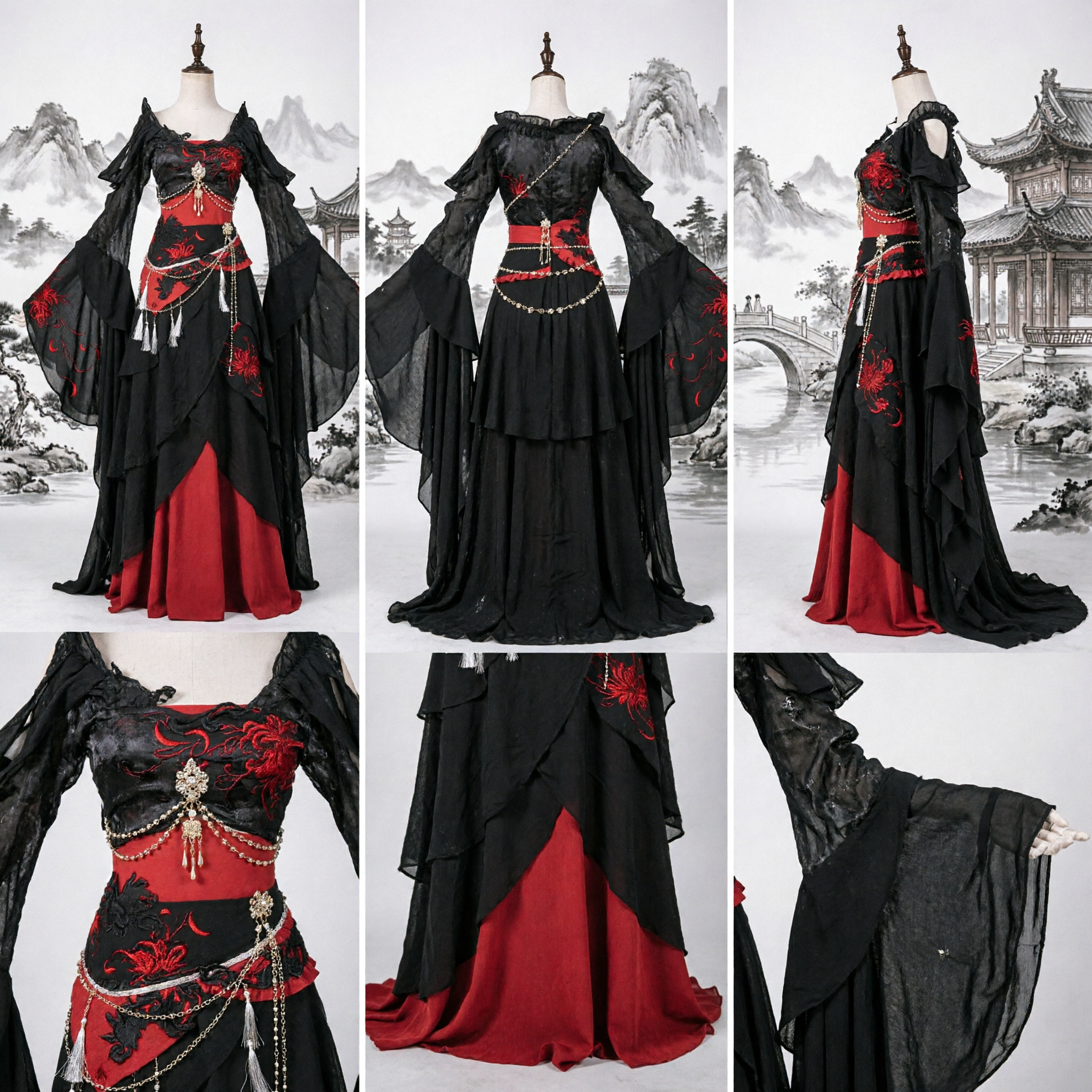 Hanfu Ricamato Nero e Rosso, Costume Antico Cinese, Abito da Cosplay Wuxia Fantasy per Donne - Asian Costume