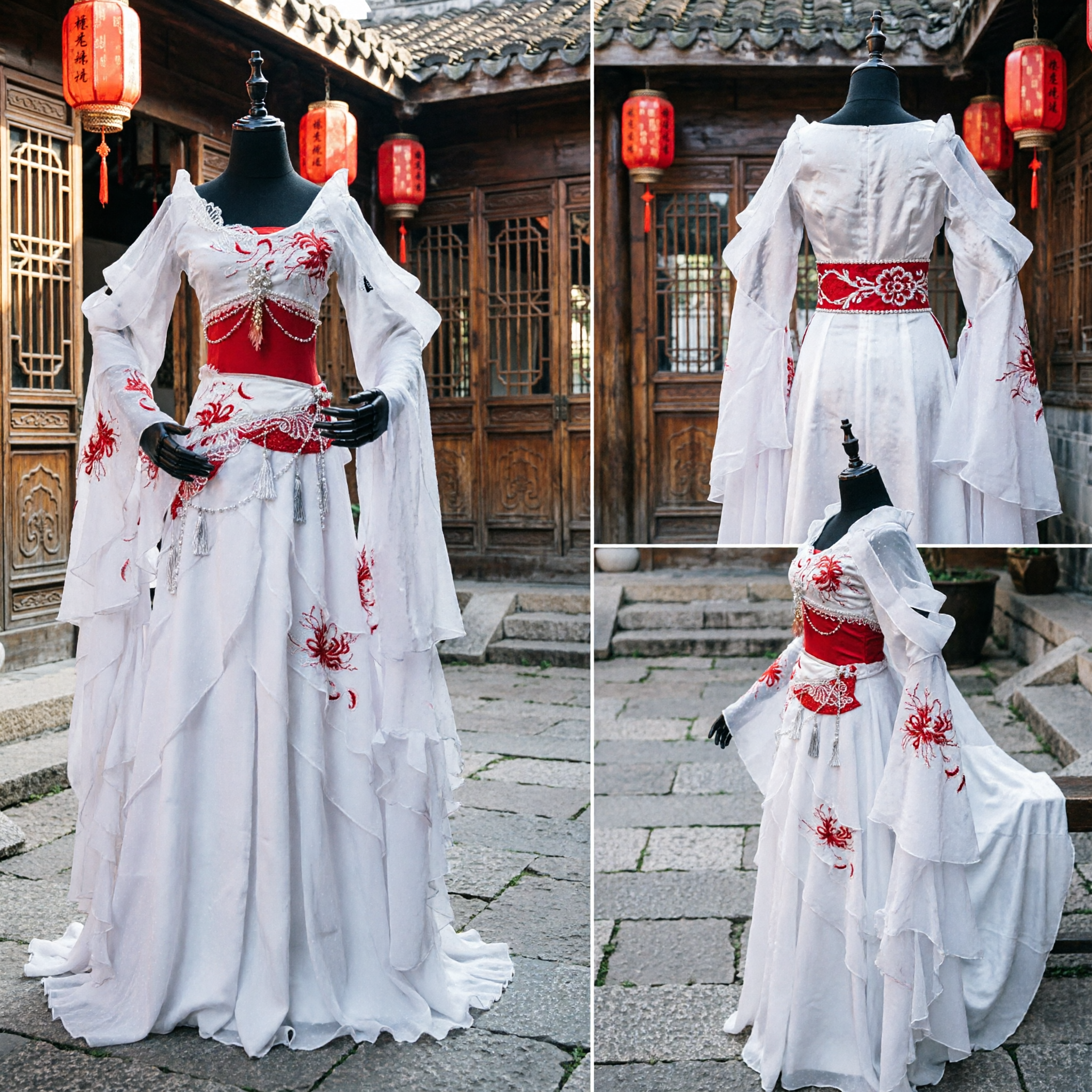 전통 중국 고대 복장 흰색 빨강 한푸 드레스 여성 코스프레 요정 공주 할로윈 파티 - Asian Costume