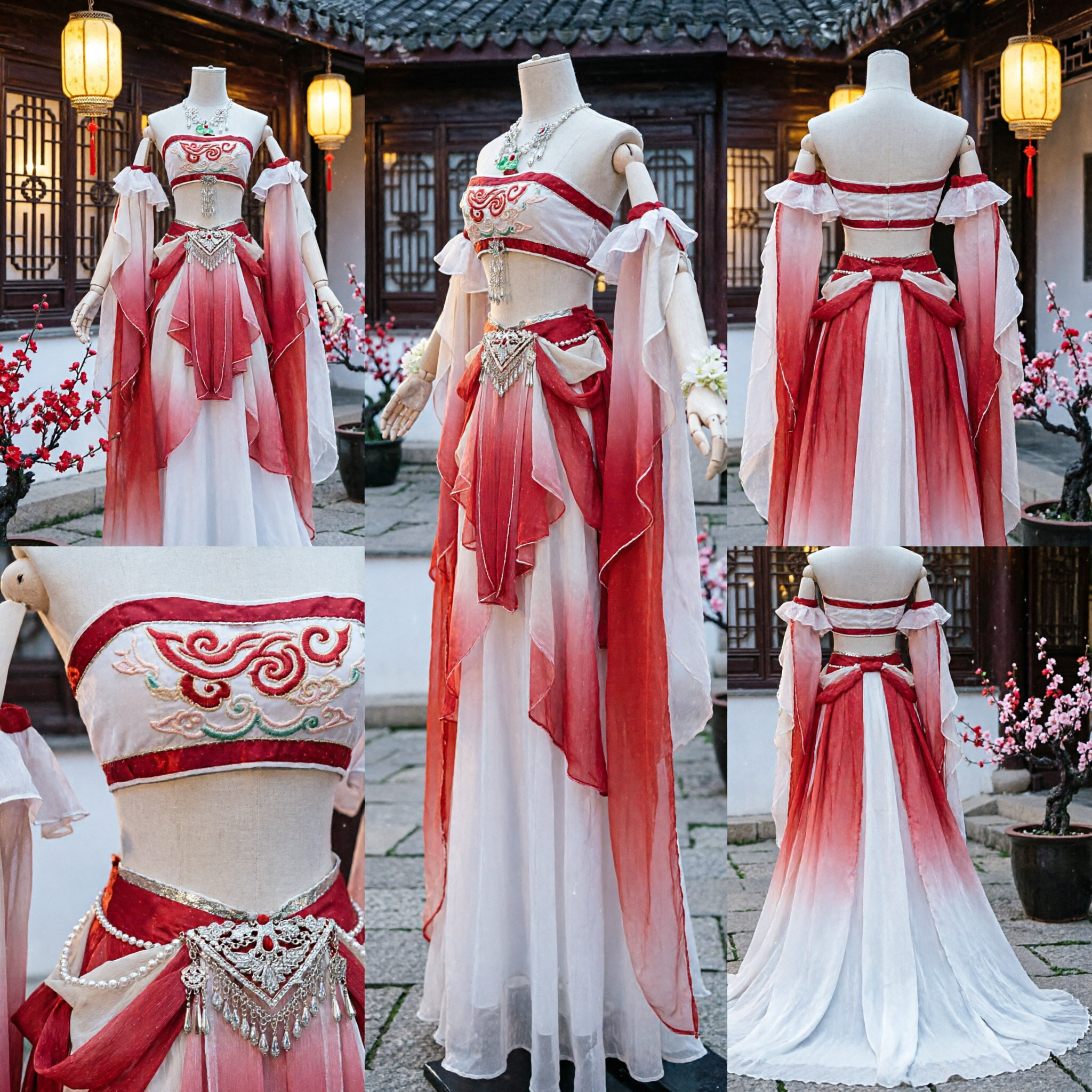 Starożytny Chiński Gradientowy Hanfu w Kolorze Czerwono-Białym, Tradycyjny Kostium Bogini Wróżki dla Kobiet do Kosplayu i Występów - Asian Costume