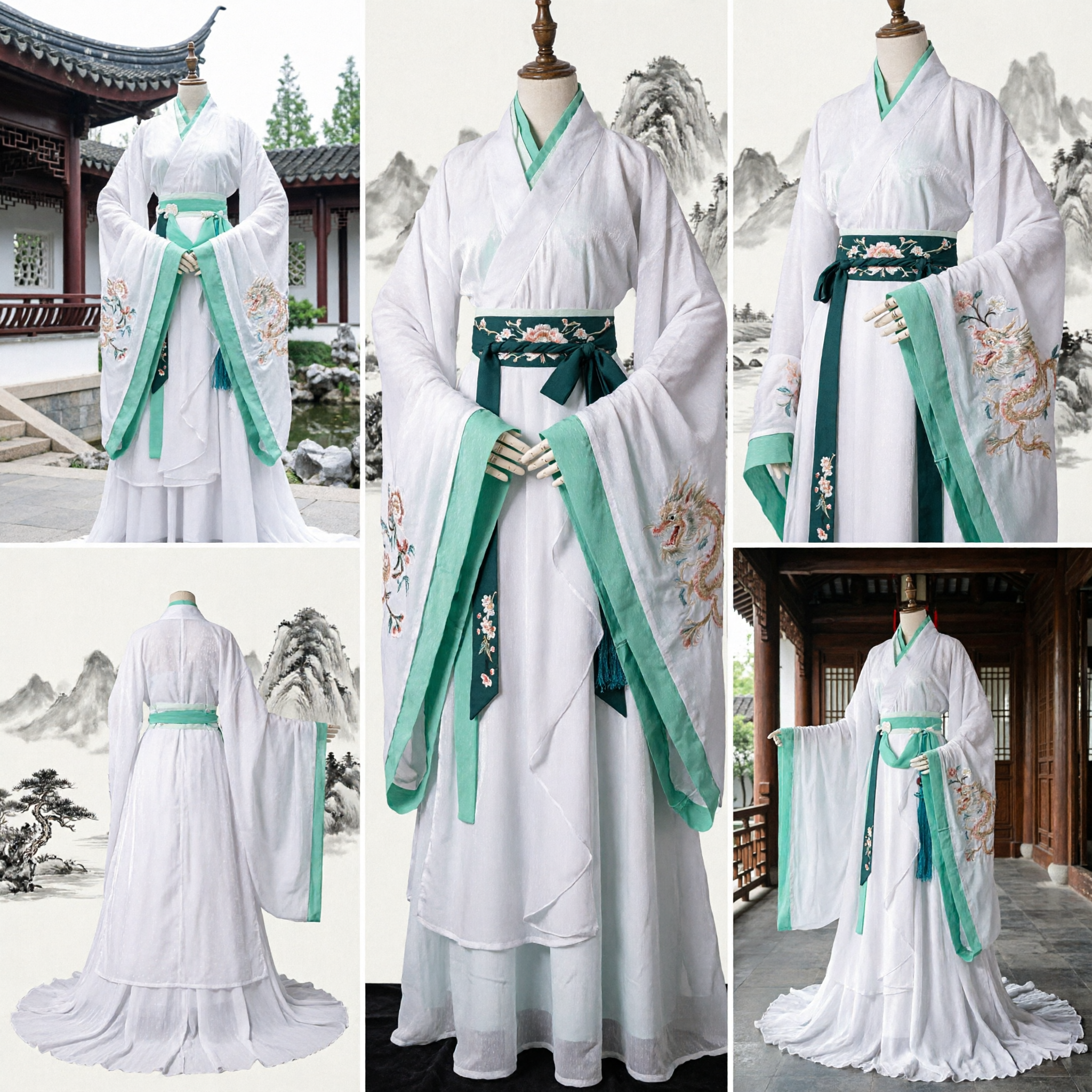 Traje Tradicional Chinês Hanfu, Vestido de Fada Antigo Bordado Branco e Verde para Mulheres, Cosplay - Asian Costume
