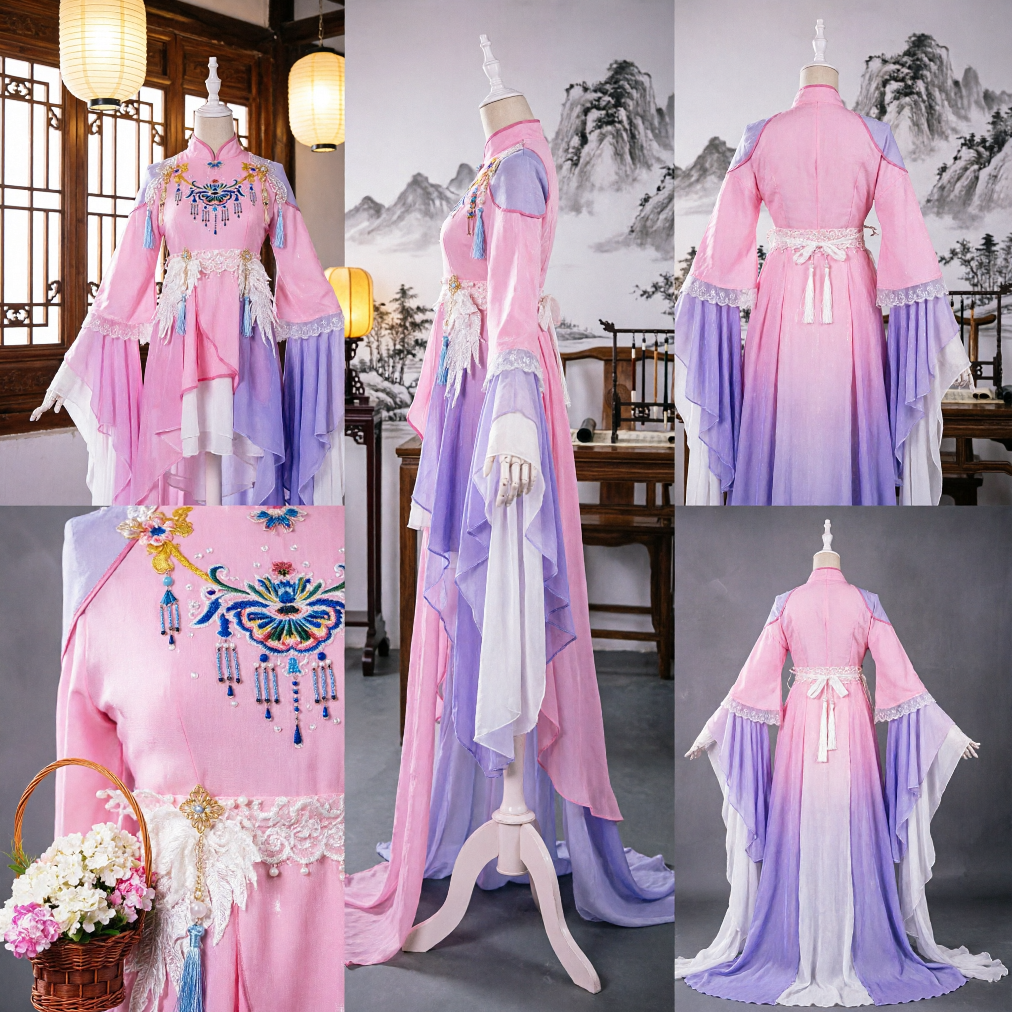 Traditionelles Chinesisches Hanfu Rosa-Lila Verlauf Antikes Feenkleid Besticktes Kostüm für Frauen Cosplay - Asian Costume