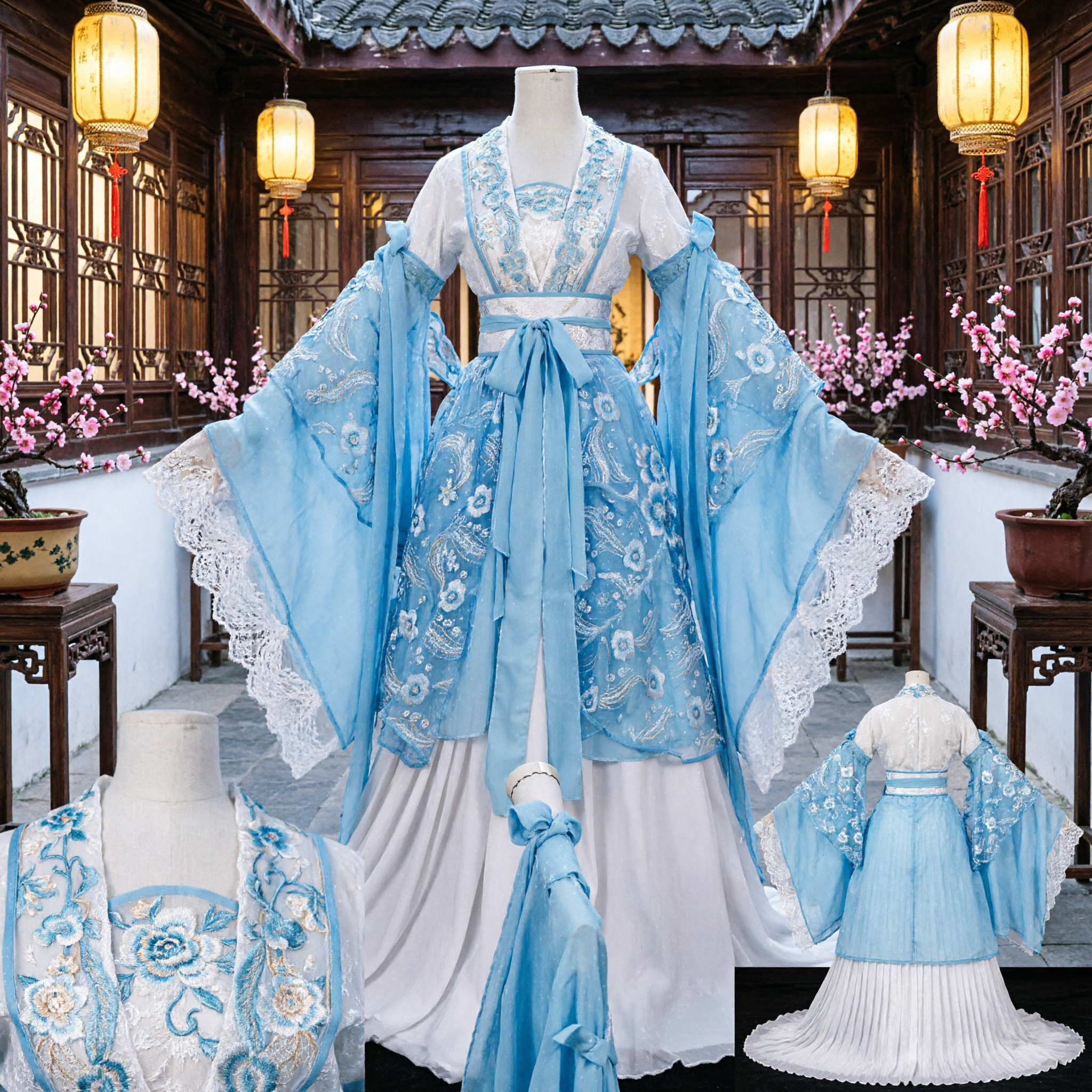 Traje Tradicional Chinês Hanfu Azul Floral Antigo, Vestido de Fada Elegante para Mulheres, Performance de Cosplay - Asian Costume