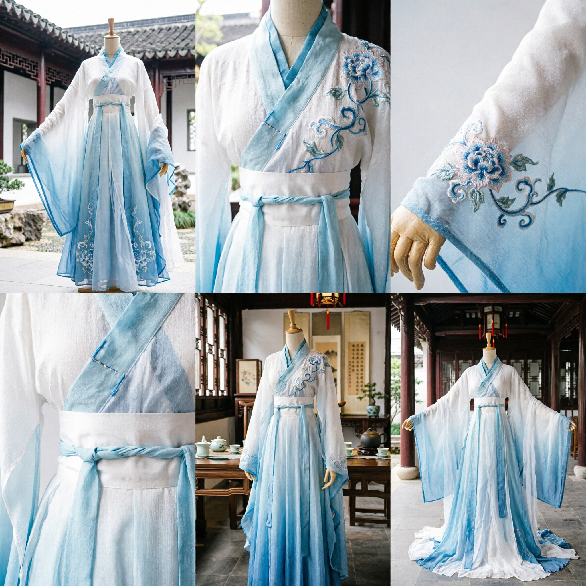 Costume traditionnel chinois Hanfu, robe fluide blanche et bleue pour érudit ancien, pour homme, cosplay et spectacle - Asian Costume