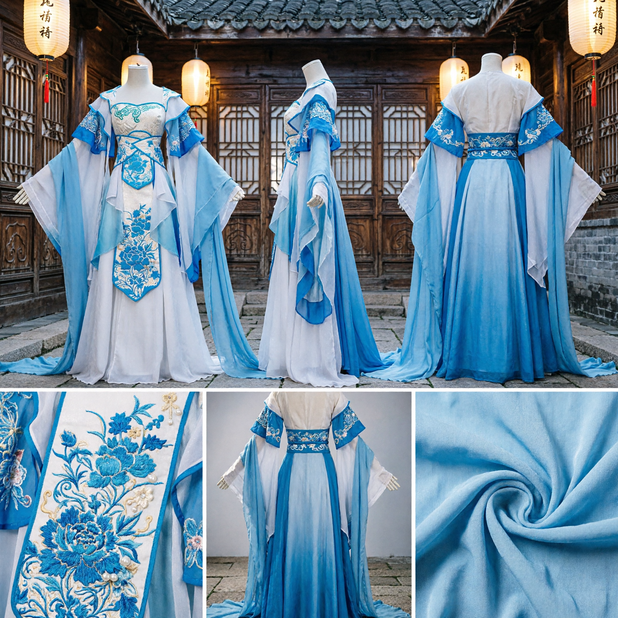 Hanfu Chino Elegante Azul y Blanco Traje Tradicional de la Dinastía Tang de Princesa Hada para Mujeres Actuación - Asian Costume