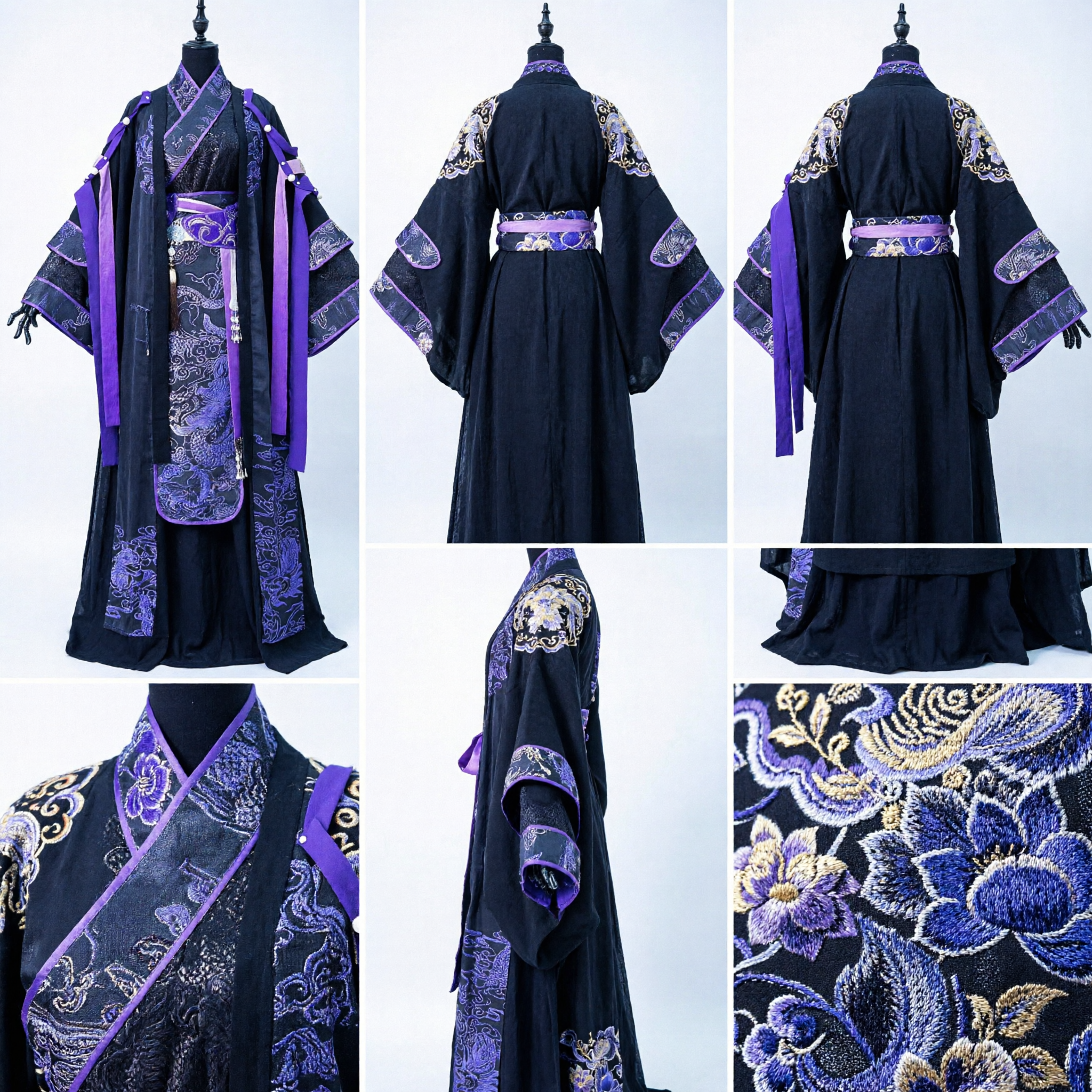 Antikes chinesisches Hanfu-Kostüm für Männer, dunkelblau-lila drachenbesticktes Gewand, traditionelles Cosplay-Outfit - Asian Costume