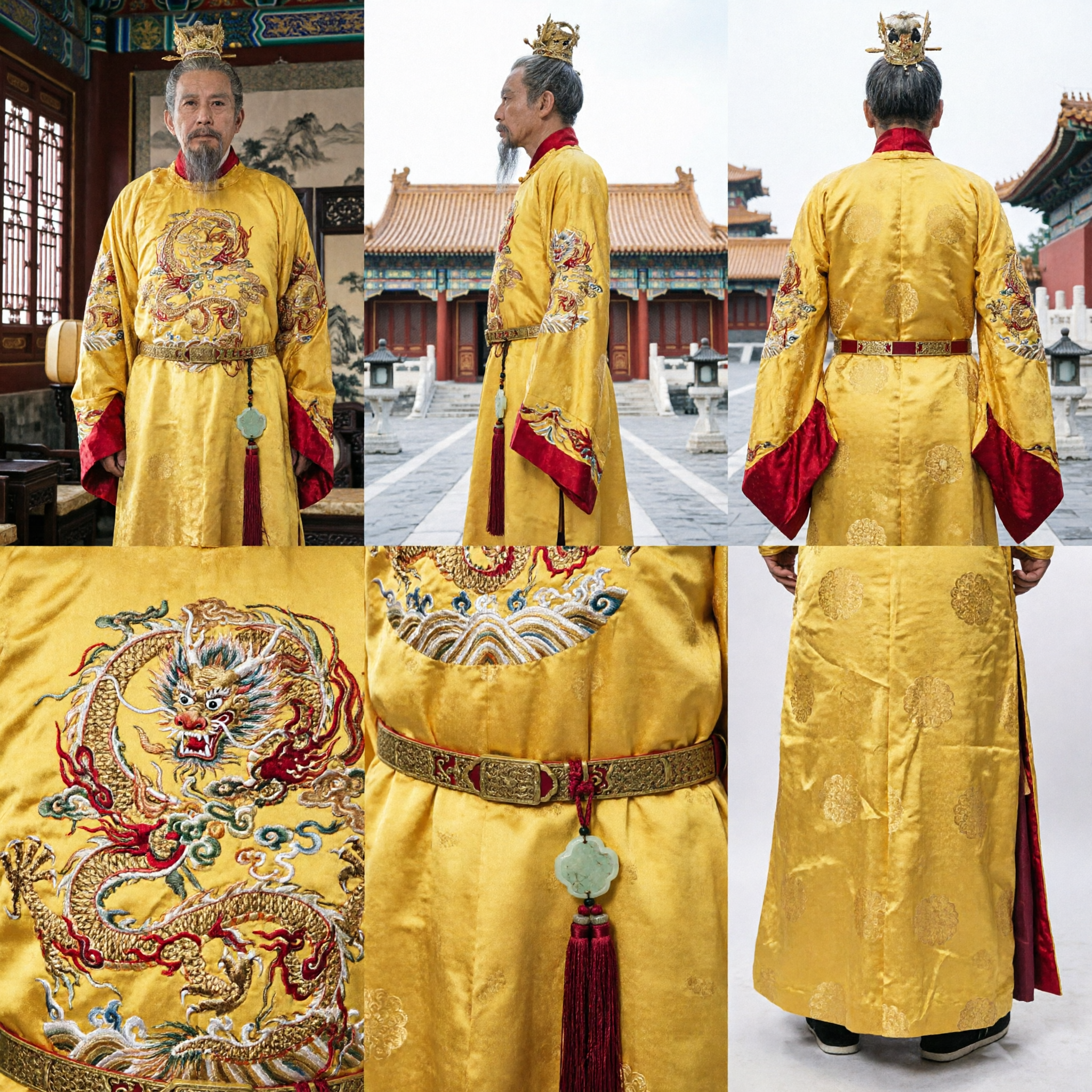 남성 고대 중국 황제 복장 노란색 용 로브 전통 제복 역사 드라마 코스프레 - Asian Costume