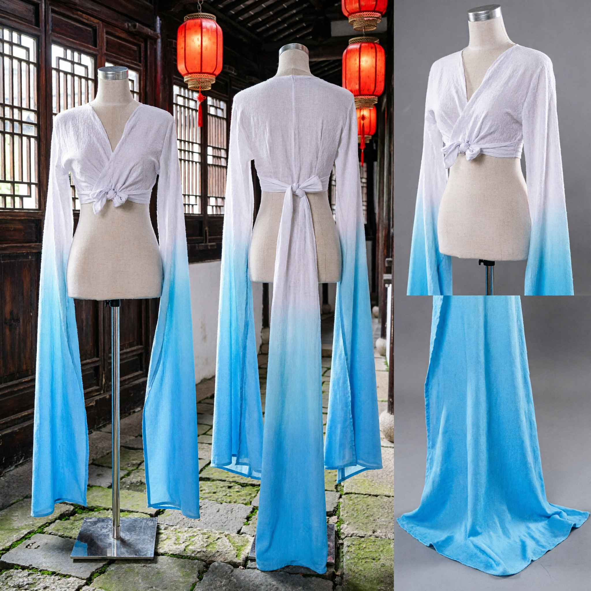 Traje de Danza Clásica China Parte Superior Hanfu Blanca con Degradado a Azul Manga Larga Tipo Chal - Asian Costume