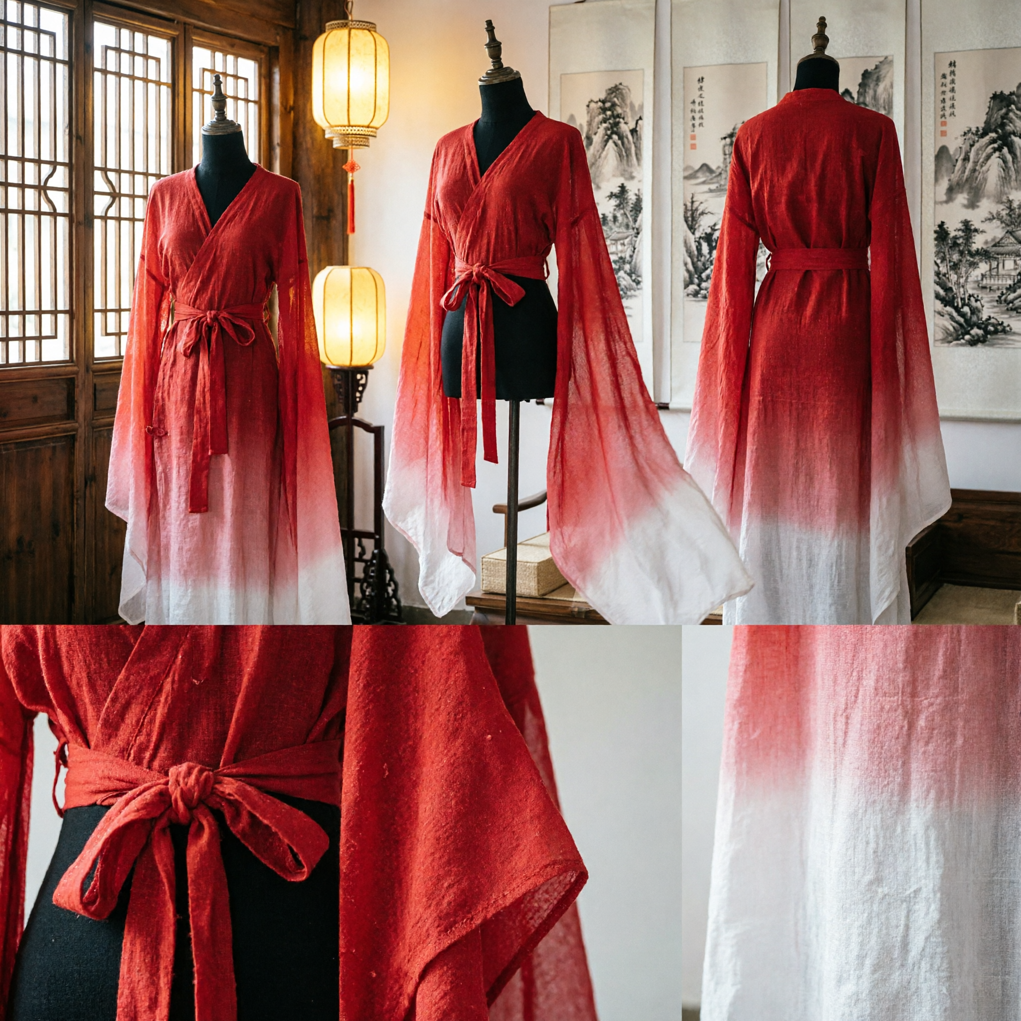 Maniche ad Acqua Sfumatura da Rosso a Bianco Accessorio Costume Danza Classica Cinese Accessorio Hanfu Tradizionale per Donna - Asian Costume