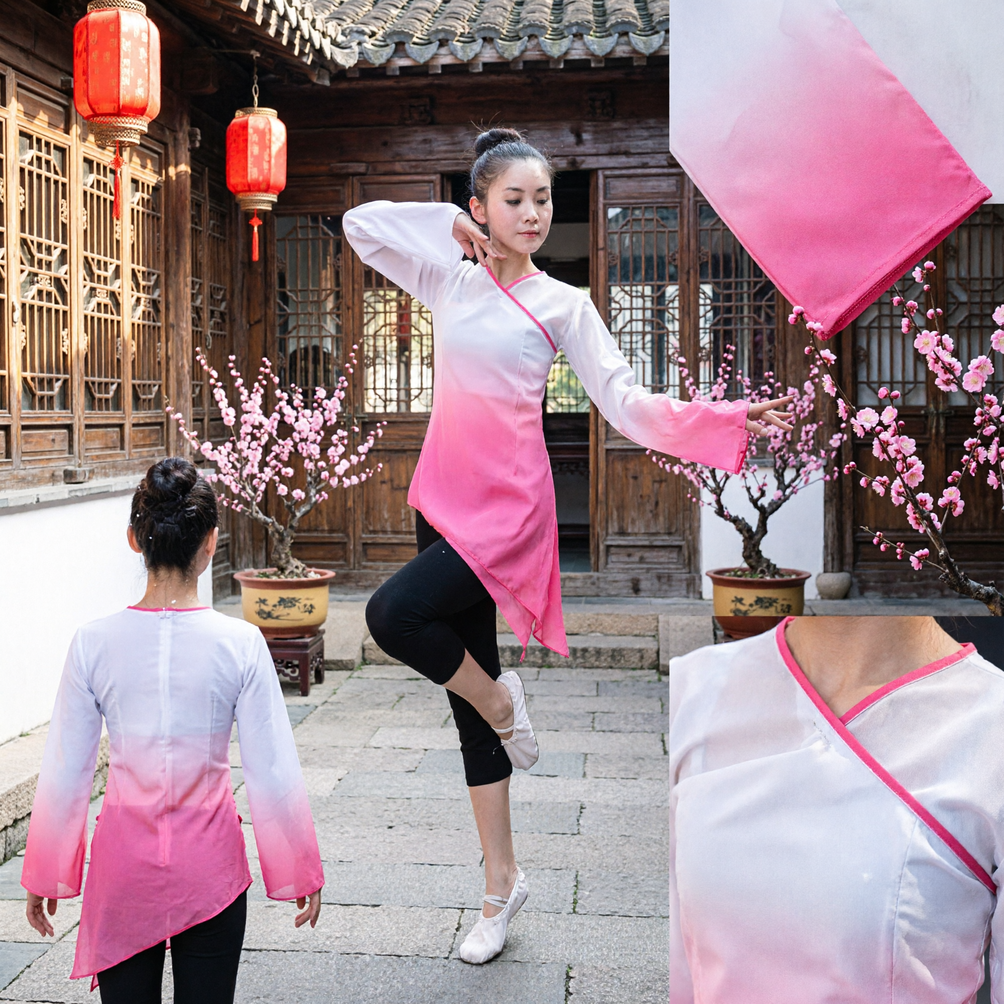 Traje de Danza Clásica China para Mujeres con Degradado Rosa Manga Larga Atuendo para Actuación en Escenario de Danza Folclórica - Asian Costume