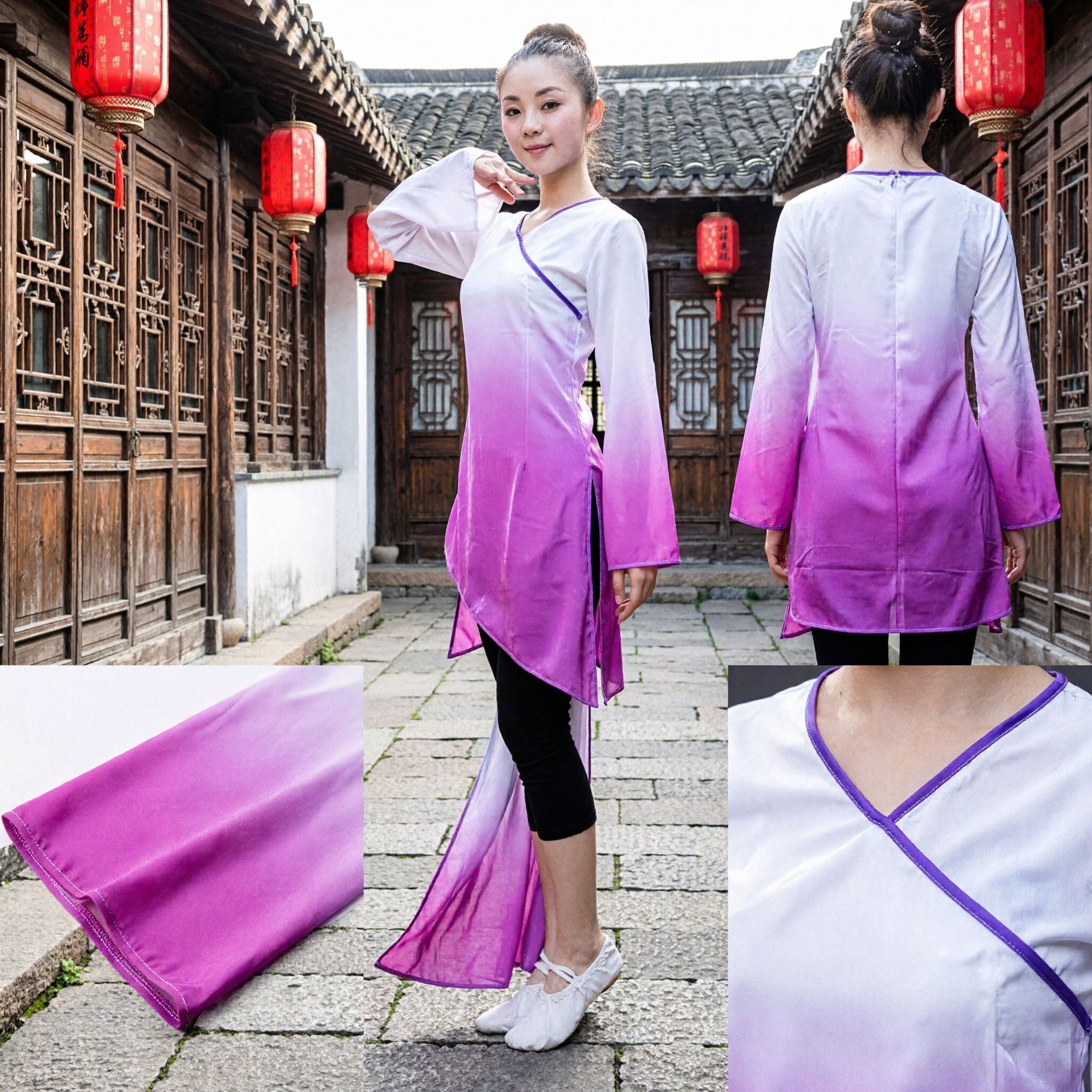 Traje de Dança Yangge Tradicional Chinês para Mulheres, Vestido de Performance para Dança Folclórica em Gradiente Roxo e Branco de Manga Longa - Asian Costume