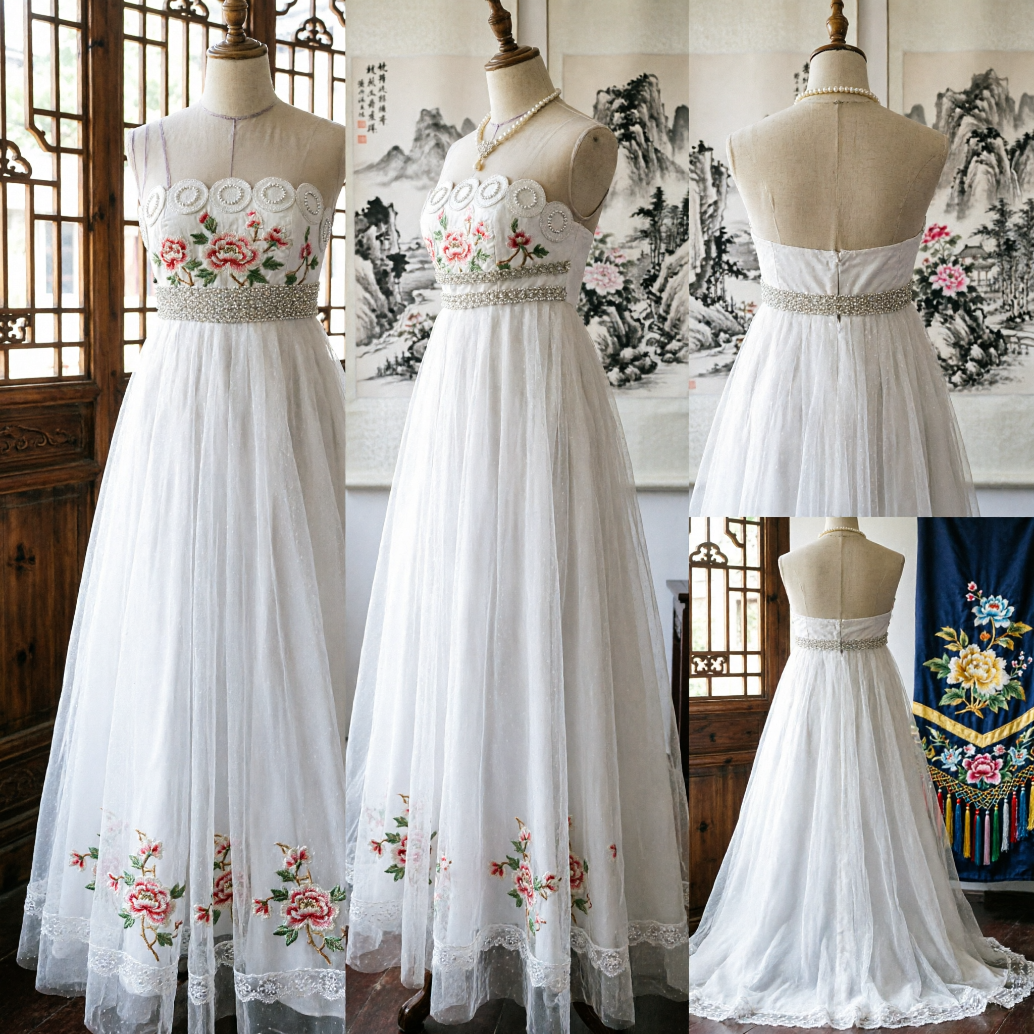 우아한 화이트 스트랩리스 웨딩드레스 자수된 보디스와 흐르는 시폰 스커트 신부 또는 정식 행사용 - Asian Costume