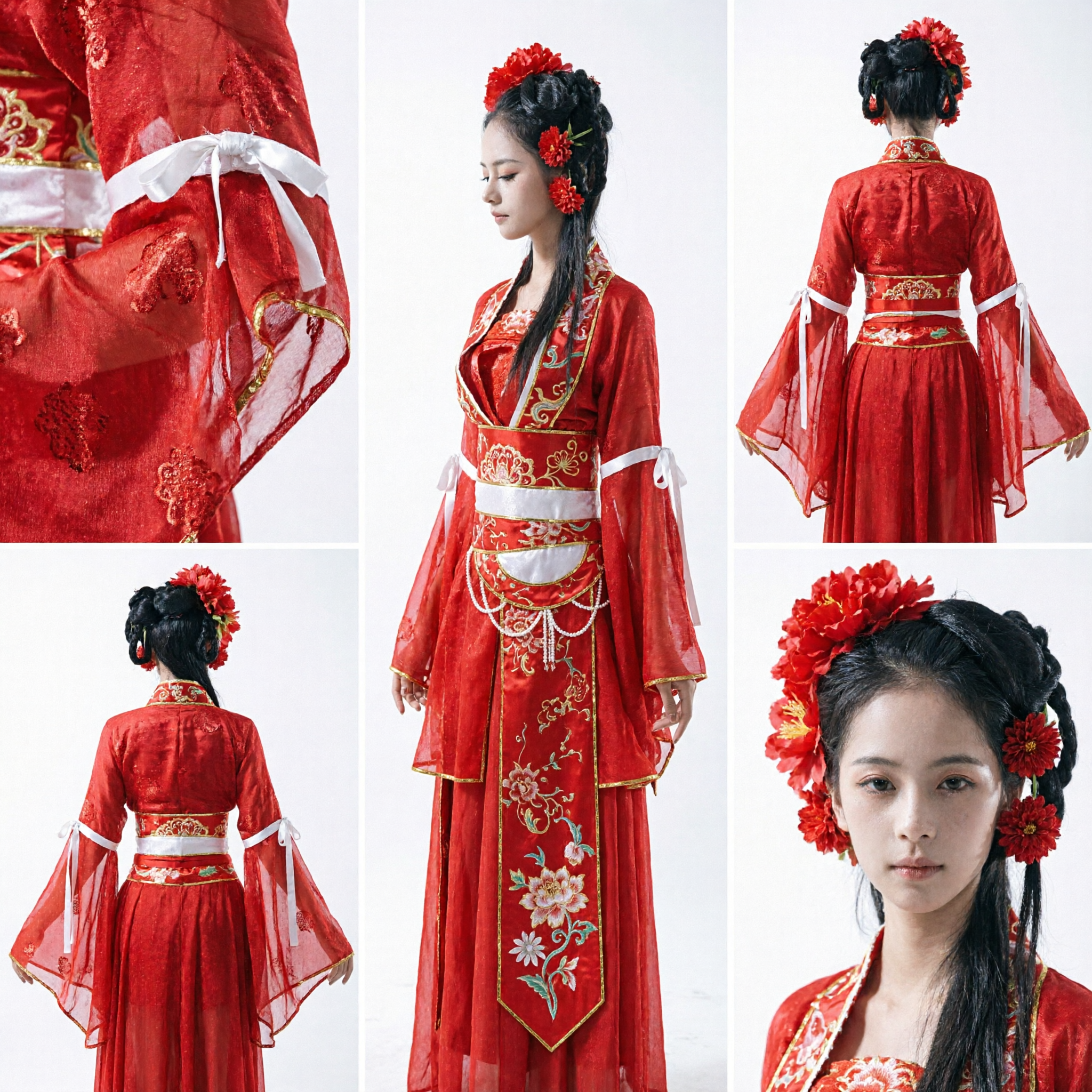 여성용 전통 중국 빨간색 한푸 웨딩 드레스, 금 자수 고대 스타일 의상, 공연용 - Asian Costume