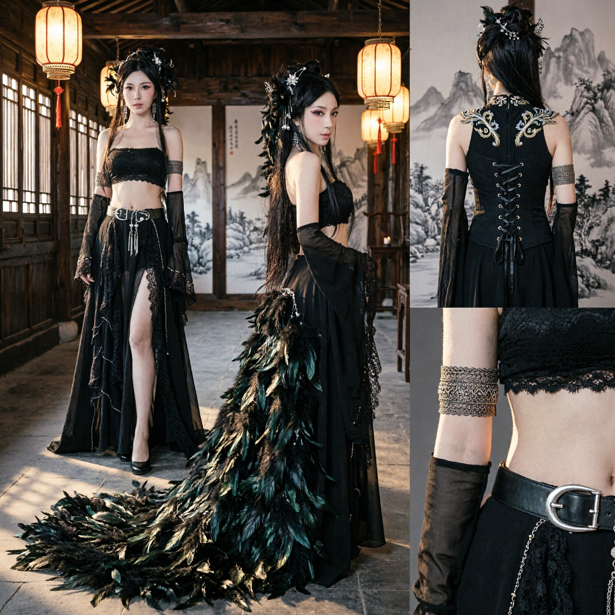 Elegante Costume Fantasy Antico Cinese Nero per Donne Abito per Cosplay e Performance sul Palco - Asian Costume