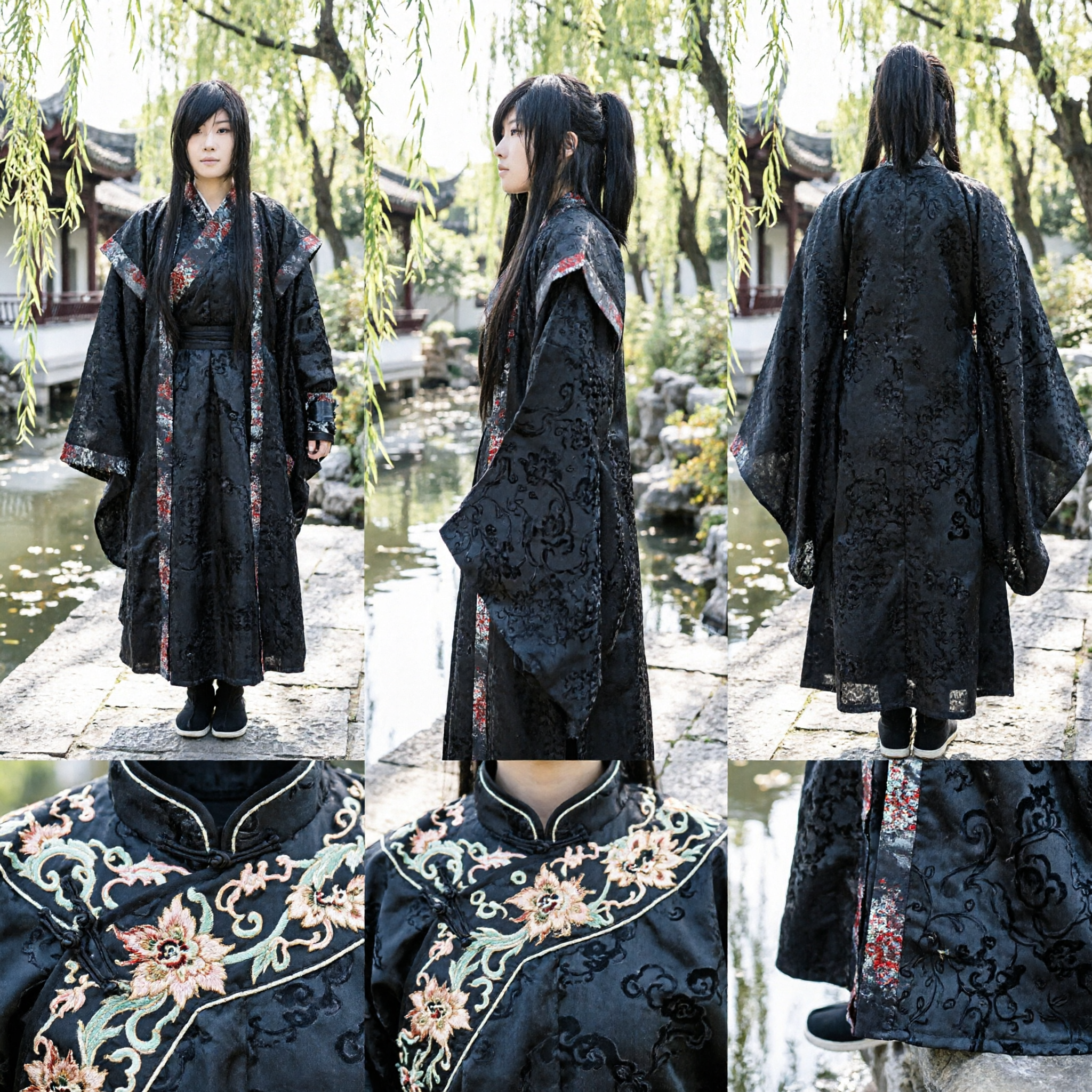 Zwart Traditioneel Chinees Hanfu Gewaad Oud Wuxia Zwaardvechter Kostuum voor Mannen Cosplay en Podium Optreden - Asian Costume
