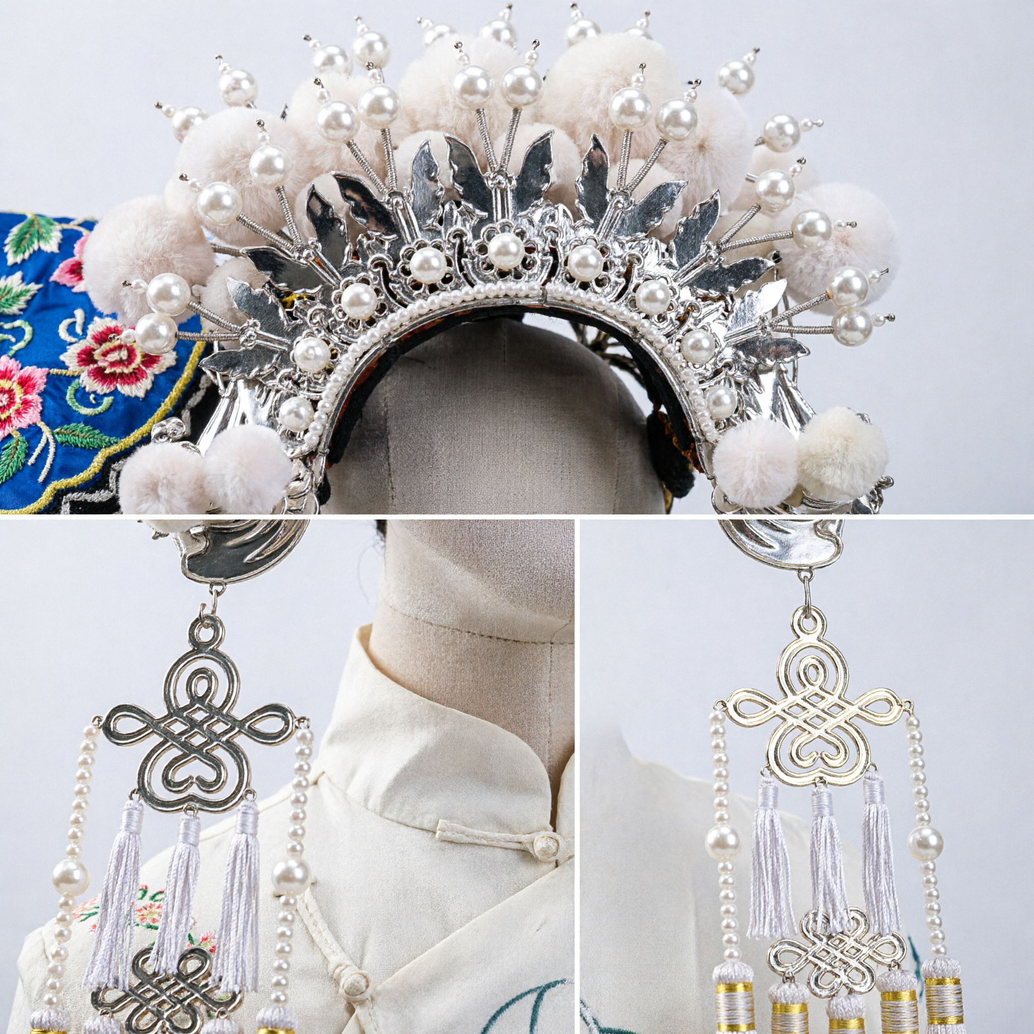 Corona de Fénix de Ópera de Pekín Tradicional China con Pompones Blancos y Perlas, Tocado para Trajes Antiguos y Presentaciones en Escenario - Asian Costume