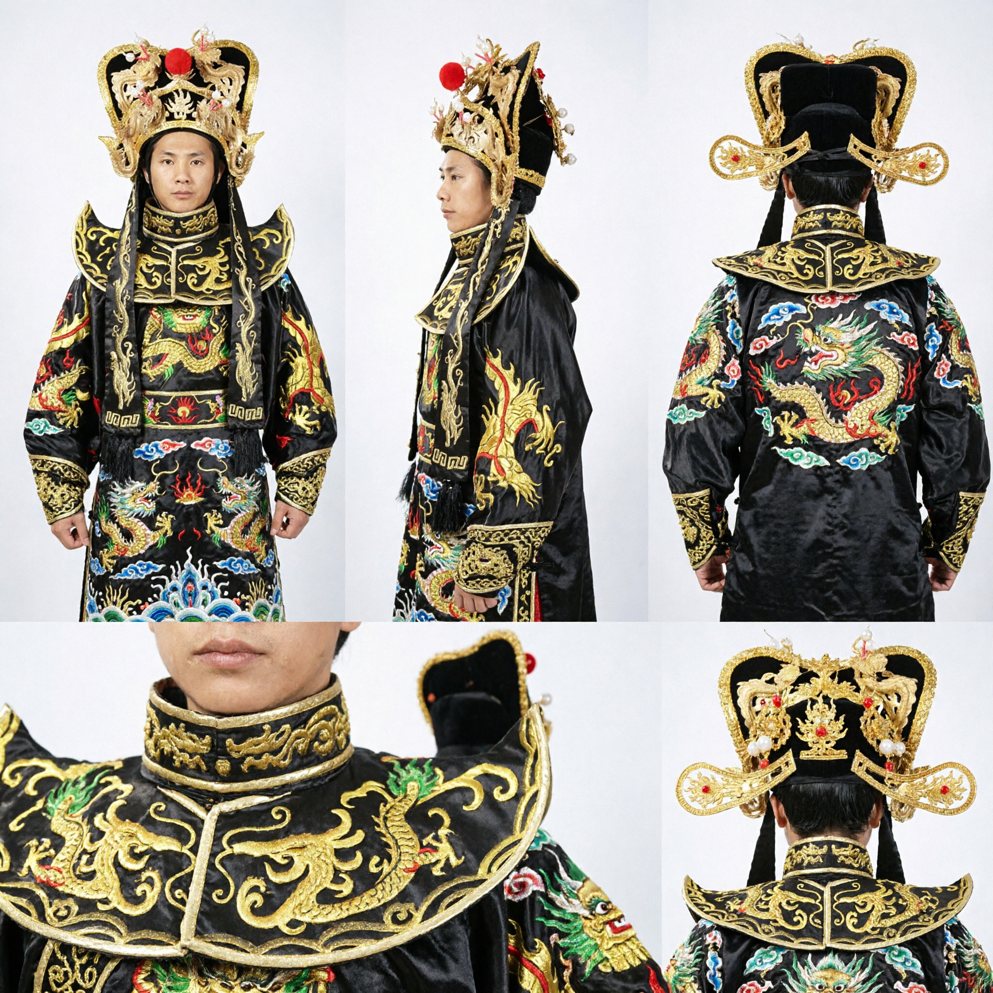 전통 중국 오페라 황제 의상, 검은색 용 문양 로브와 금색 관 모자, 남성 코스프레용 - Asian Costume