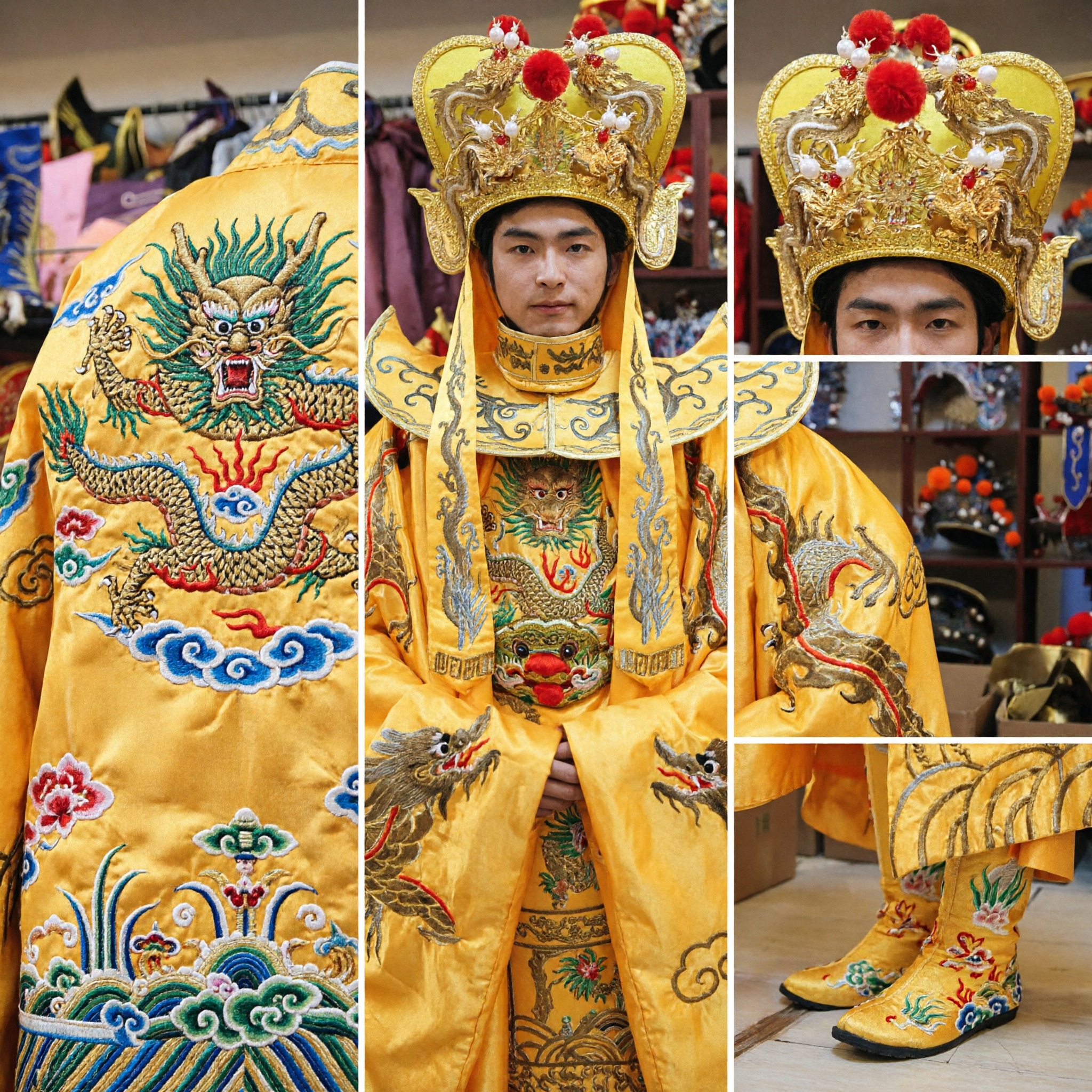 Traditionelles chinesisches Kaiser-Drachengewand Kostüm für Männer, Gott des Reichtums Caishen Outfit für Festivalauftritte - Asian Costume