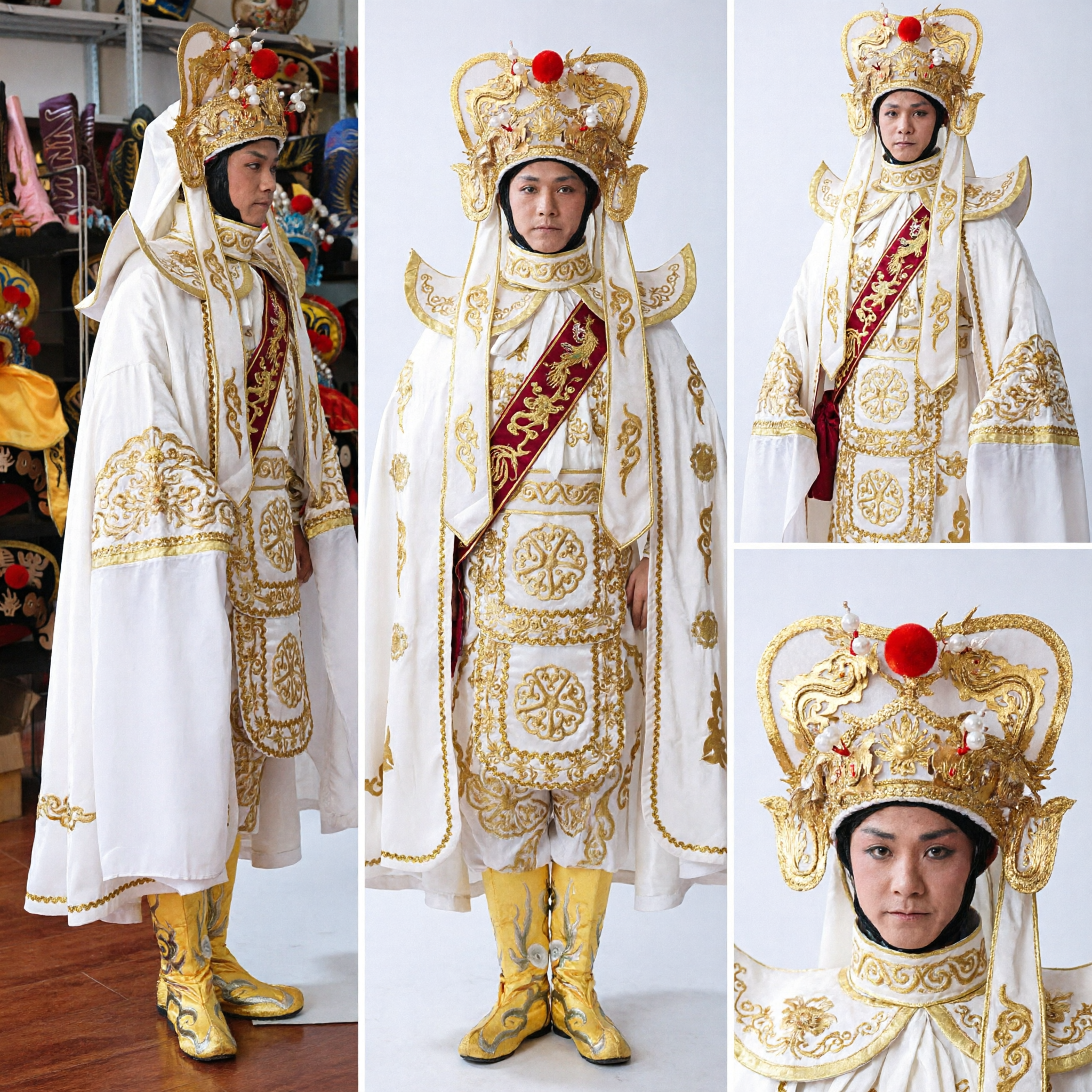Costume Tradizionale del Generale dell'Opera di Pechino Cinese Uomini Set di Armatura da Guerriero Ricamata Bianco e Oro per Spettacolo sul Palco - Asian Costume