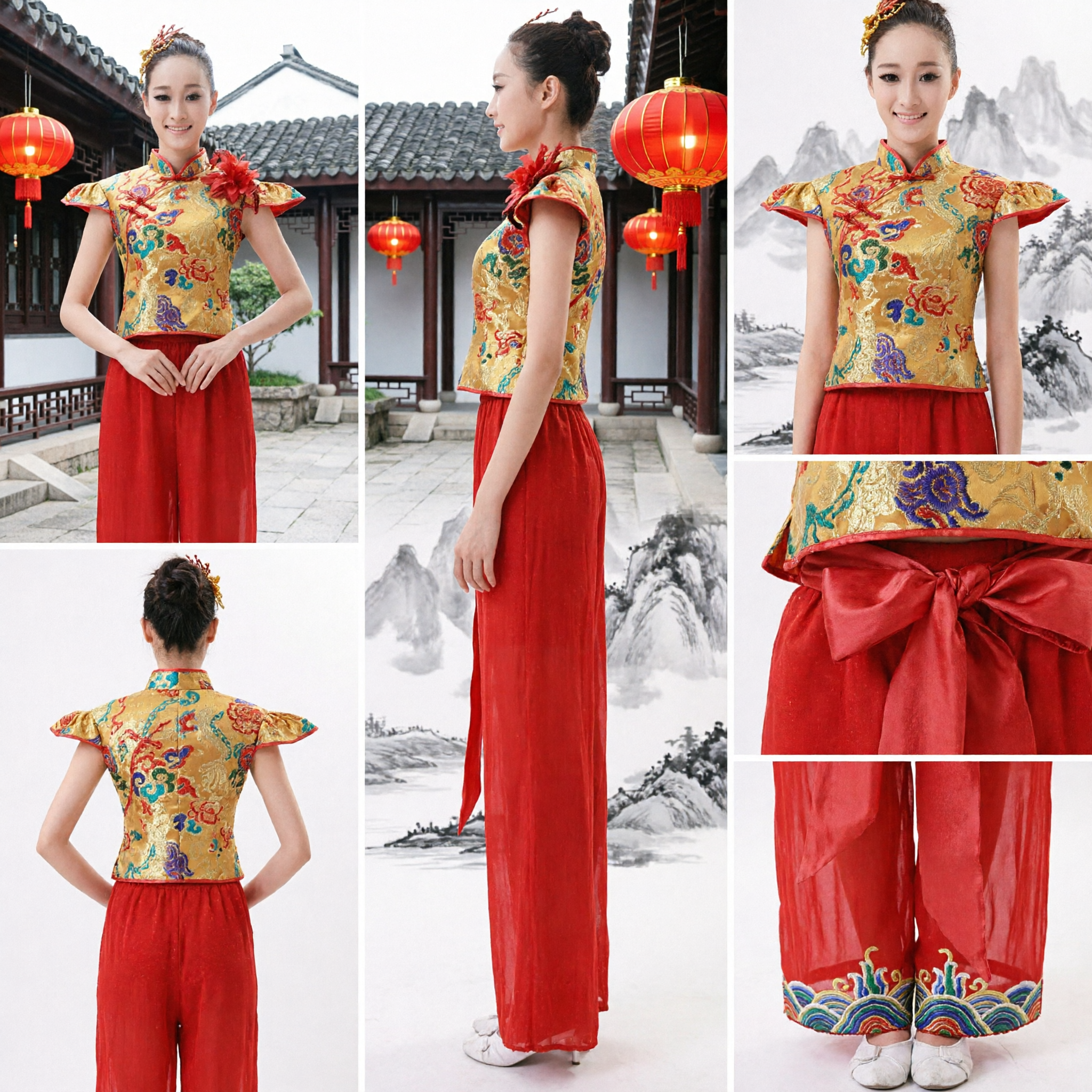Traje Tradicional Chinês de Dança Folclórica Feminina, Top Amarelo Floral e Calças Vermelhas para Performance de Dança Yangge com Leques - Asian Costume