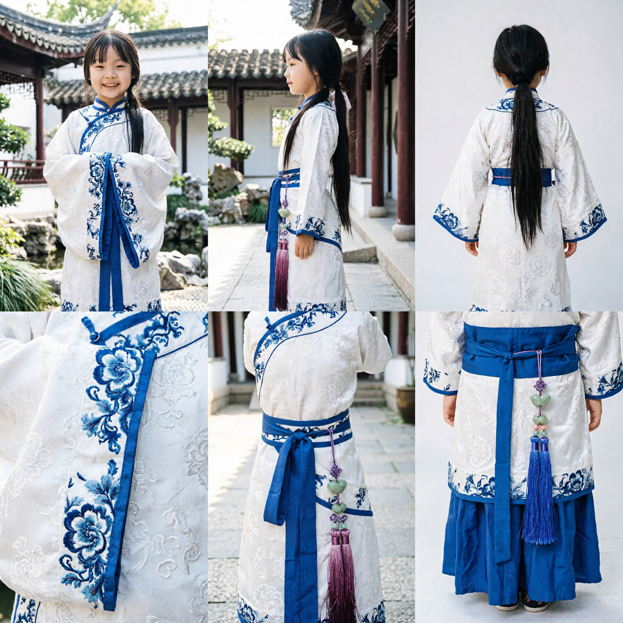 Costume Tradizionale Cinese Hanfu per Ragazze Vestito Stile Antico Stampa Porcellana Blu e Bianco per Spettacoli Bambini - Asian Costume
