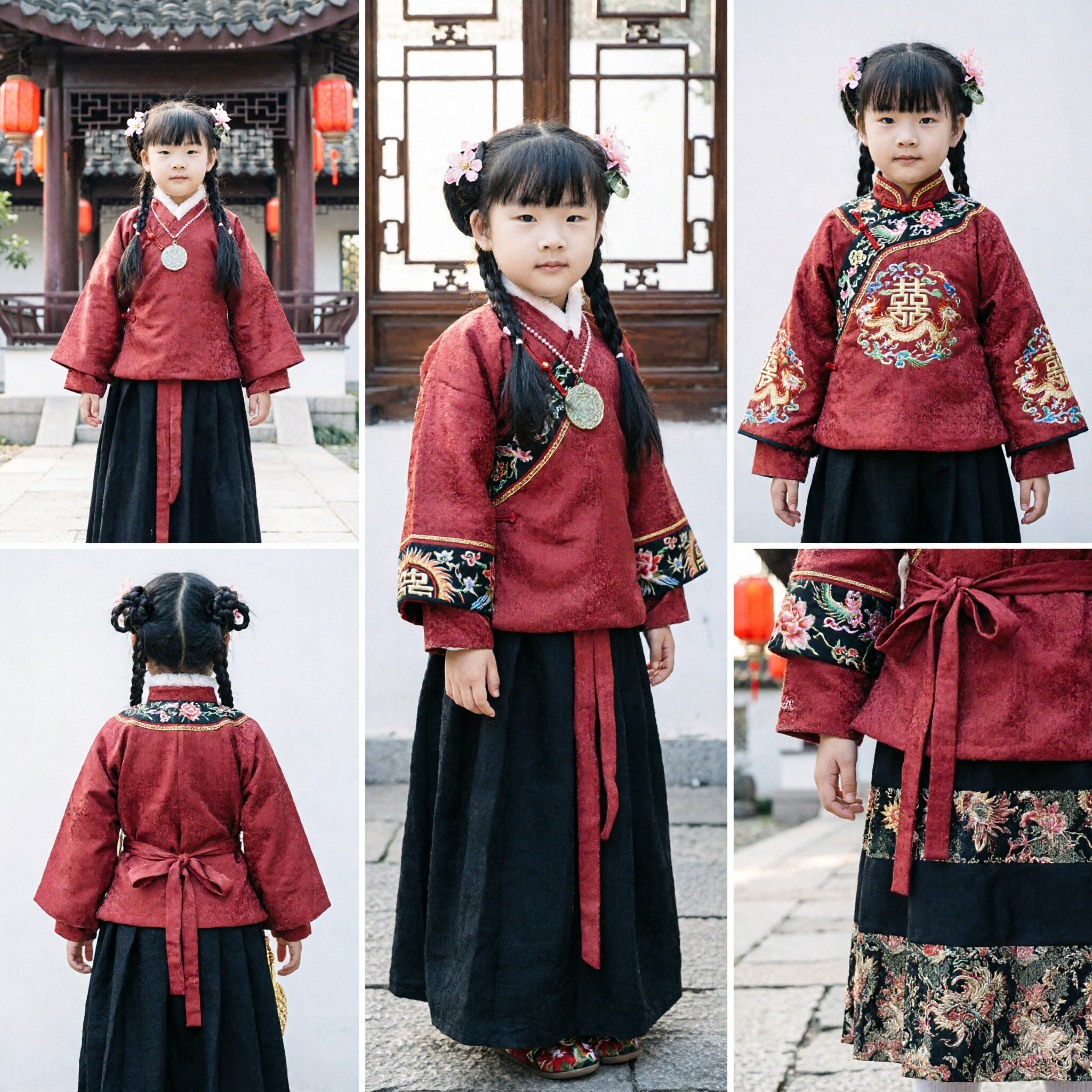 Traje Tradicional Chinês Hanfu para Meninas, Conjuto da Dinastia Ming com Casaco Vermelho e Saia Preta para Festival do Ano Novo Lunar - Asian Costume