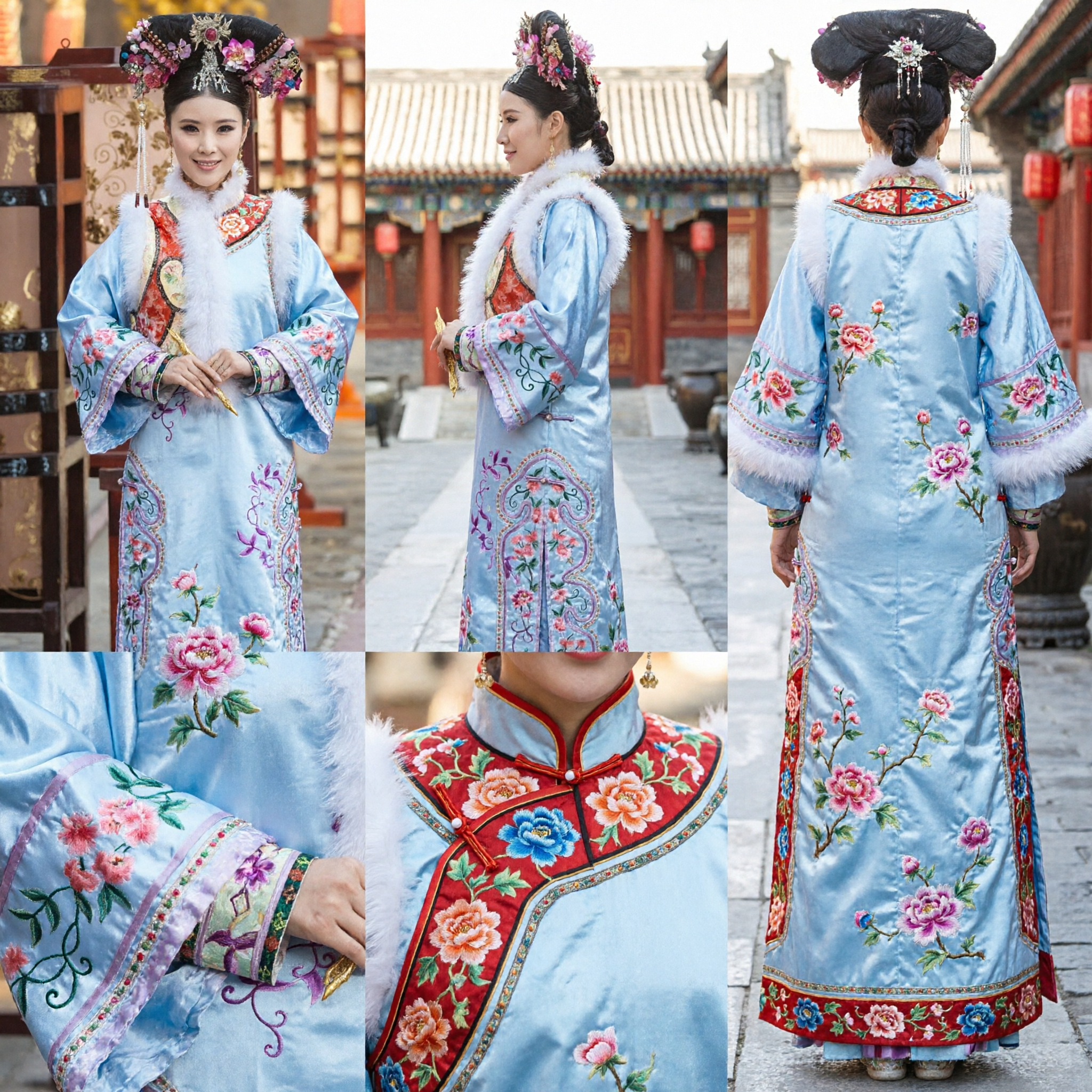 Traje Tradicional Antigo Chinês da Dinastia Qing de Princesa Manchu, Robe Azul Bordado com Ajuste de Pele para Cosplay Feminino - Asian Costume