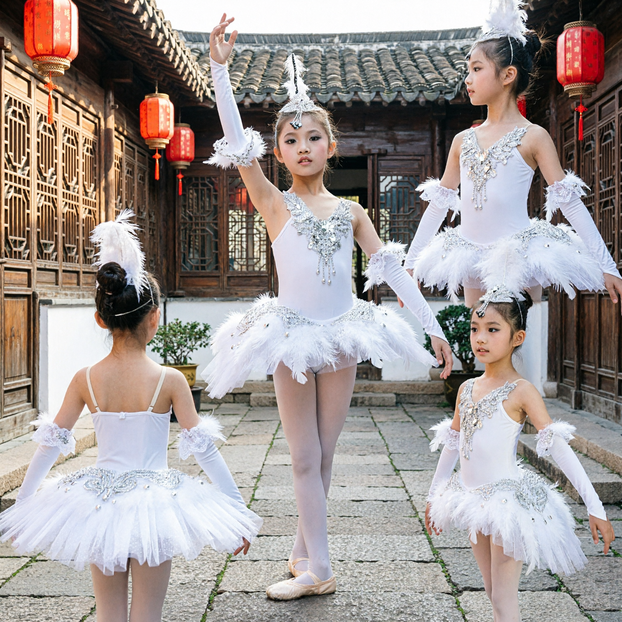Mädchen weißer Schwan Ballett Tutu Kostüm Set mit Feder-Kopfschmuck und Pailletten für Bühnentanzauftritte - Asian Costume