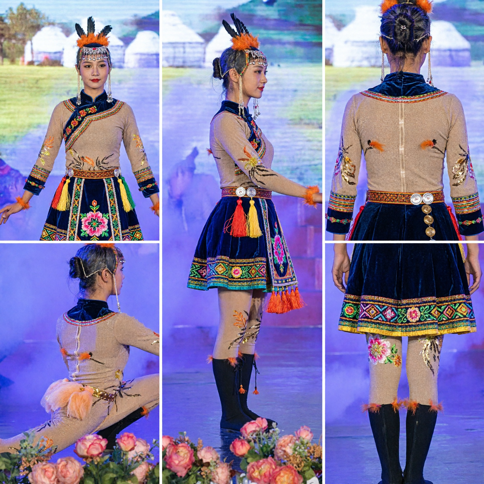 Costume de danse folklorique mongole traditionnelle, ensemble justaucorps beige avec bottes pour spectacle sur scène de femmes - Asian Costume