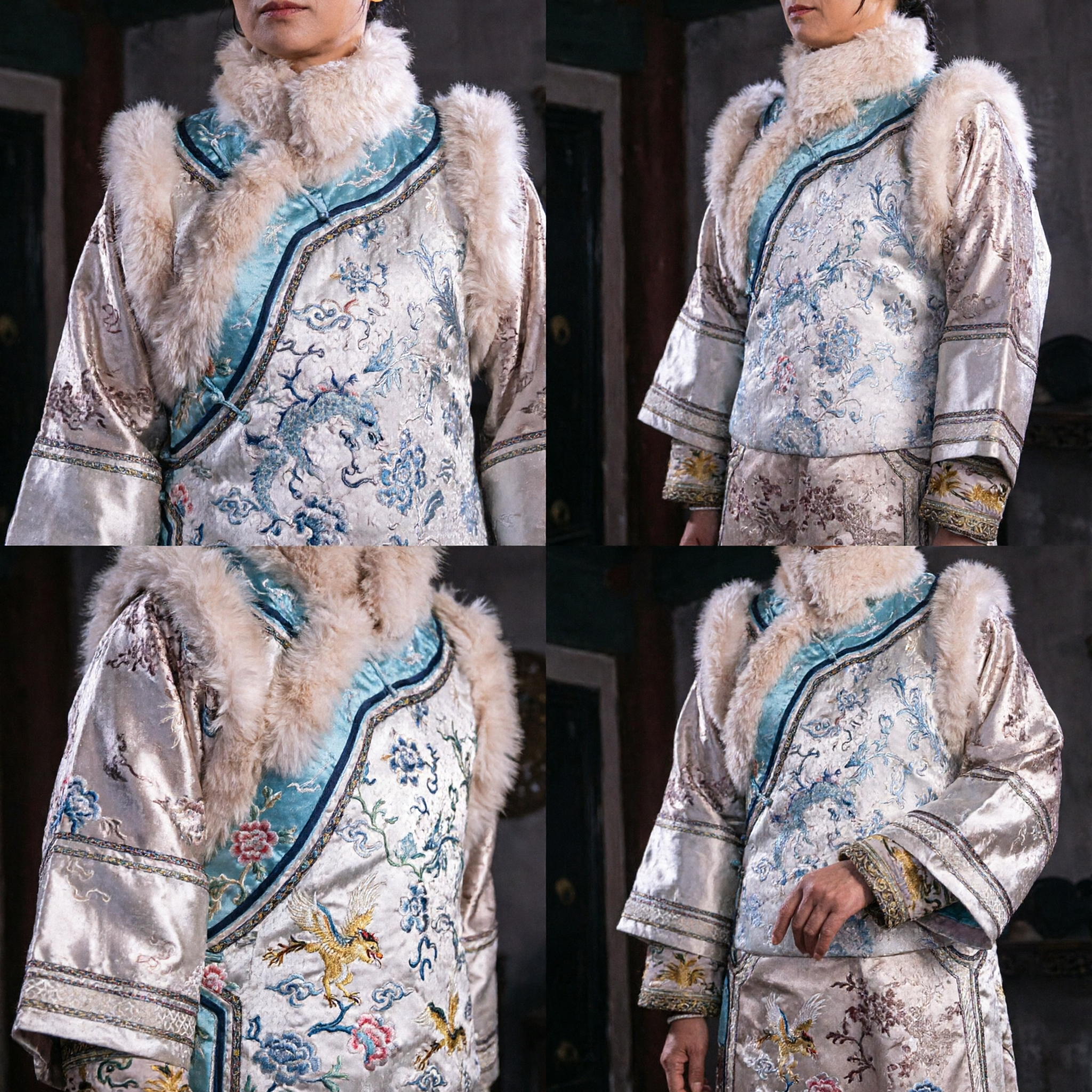 Traje Tradicional Chinês da Dinastia Qing para Princesa Manchu, Robe Branco Bordado com Aplicação de Pele para Mulheres - Asian Costume