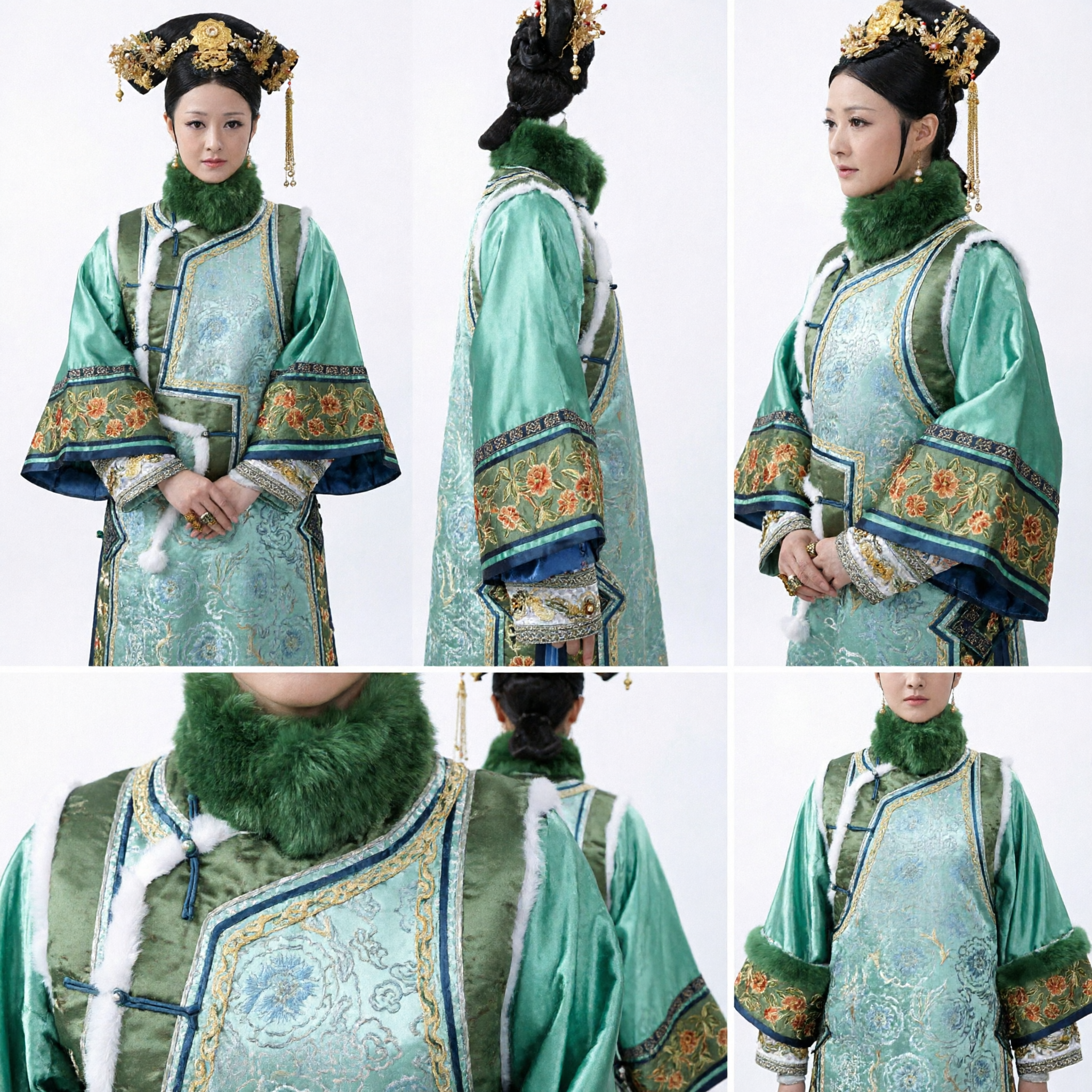 Starożytny chiński strój cesarskiej konkubiny z dynastii Qing, zielony haftowany kostium z futrzanym kołnierzem do cosplayu i występów - Asian Costume