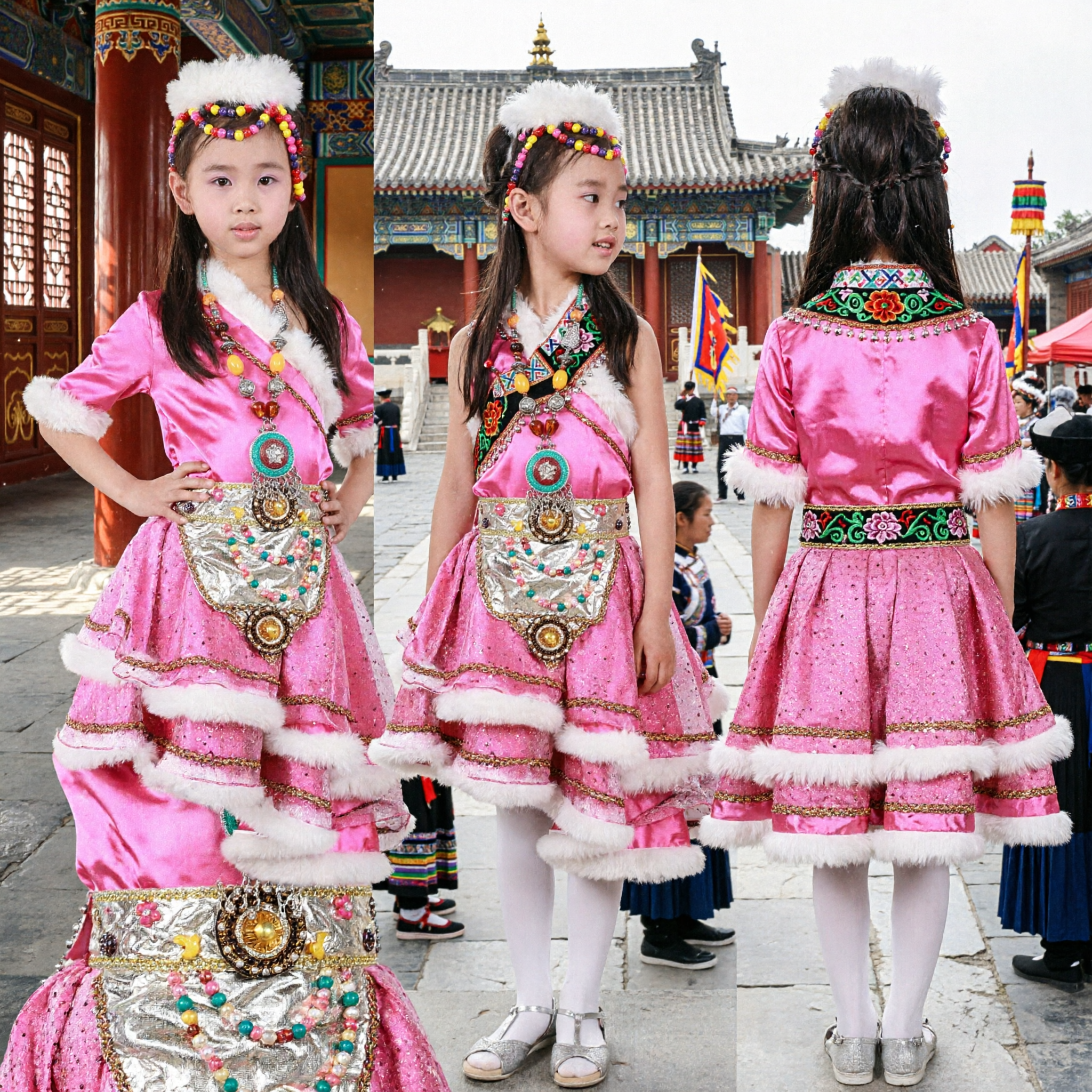 Rosa tibetisches Tanzkostüm für Mädchen Kinder traditionelles Volkskleid mit Pelzbesatz und Schmuck für Bühnenaufführung - Asian Costume