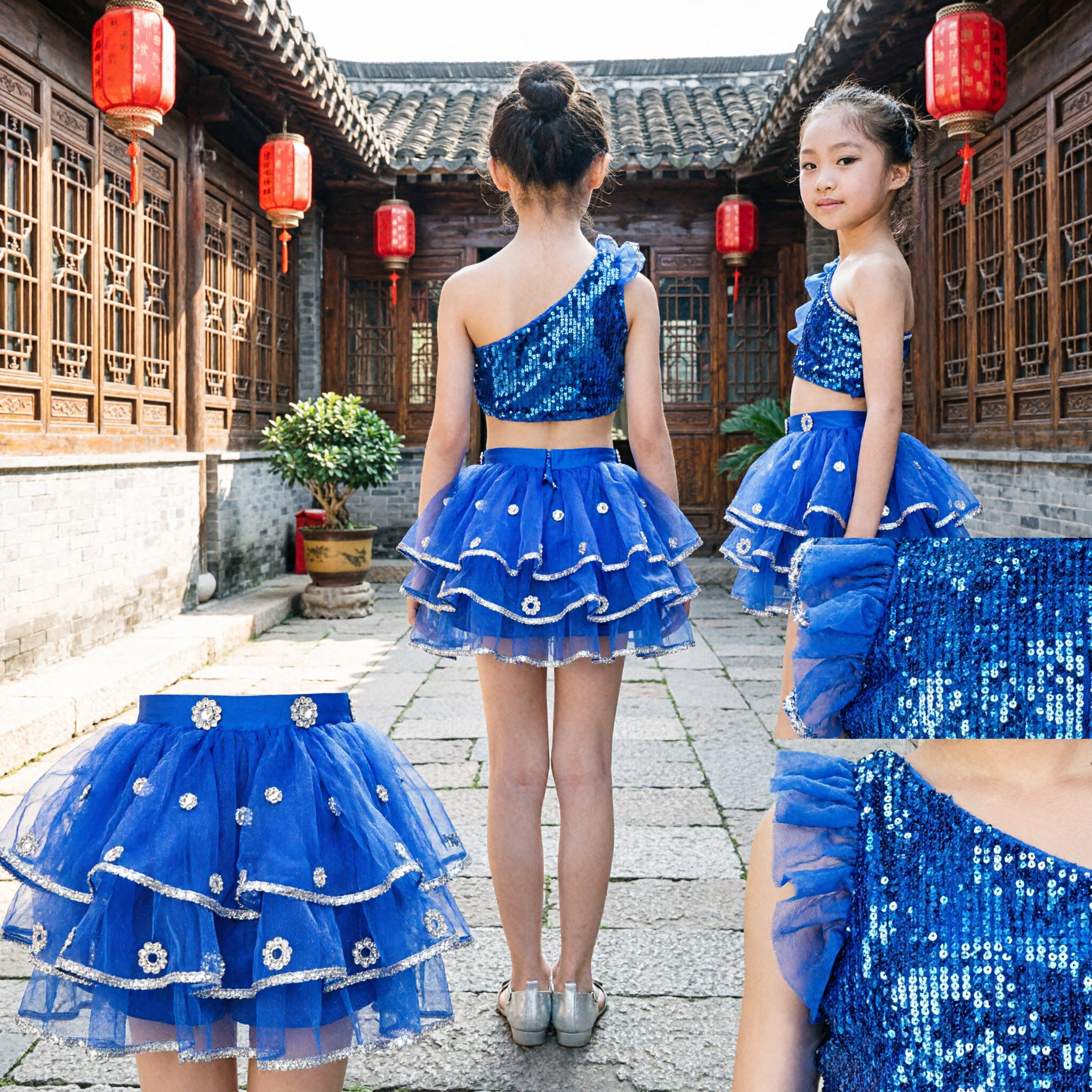Meisjes Blauw pailletten Latijns-Amerikaanse danskostuum Tweedelig set voor kinderen podiumoptredens en wedstrijden - Asian Costume