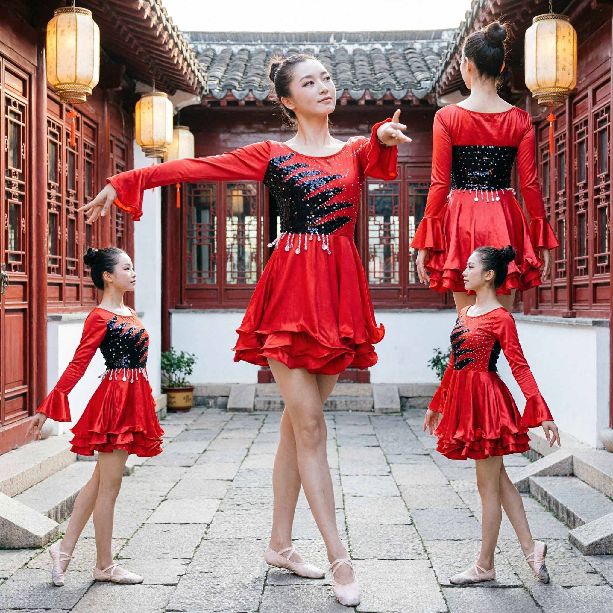 فستان الرقص اللاتيني الأحمر للبنات - زي صالة الرقص بأكمام طويلة مع لمعان وأهداب للمسابقات - Asian Costume