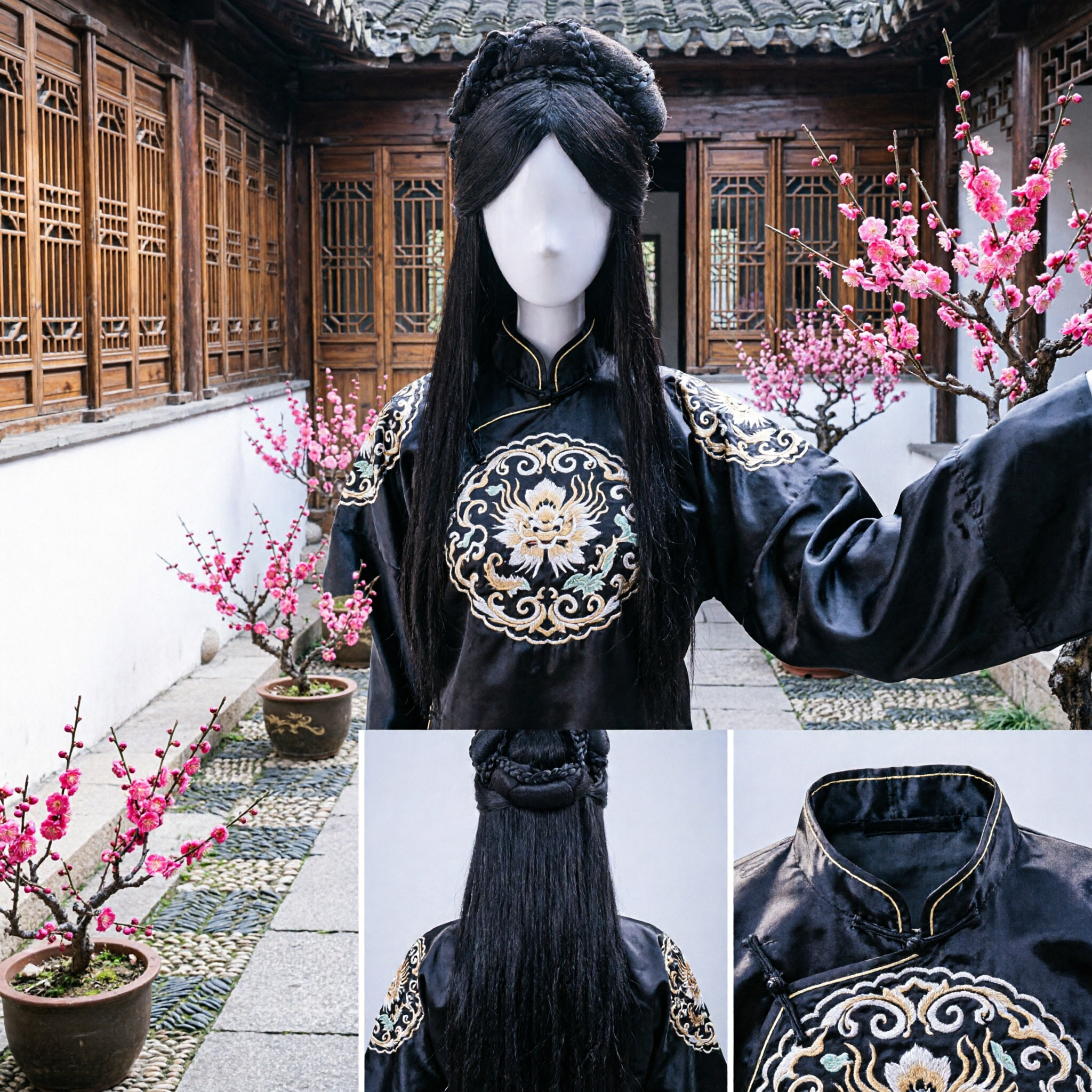 Peluca Hanfu China Antigua, Cabello Largo Negro con Corona Trenzada, Accesorio Capilar para Traje Tradicional, Cosplay de Mujer - Asian Costume