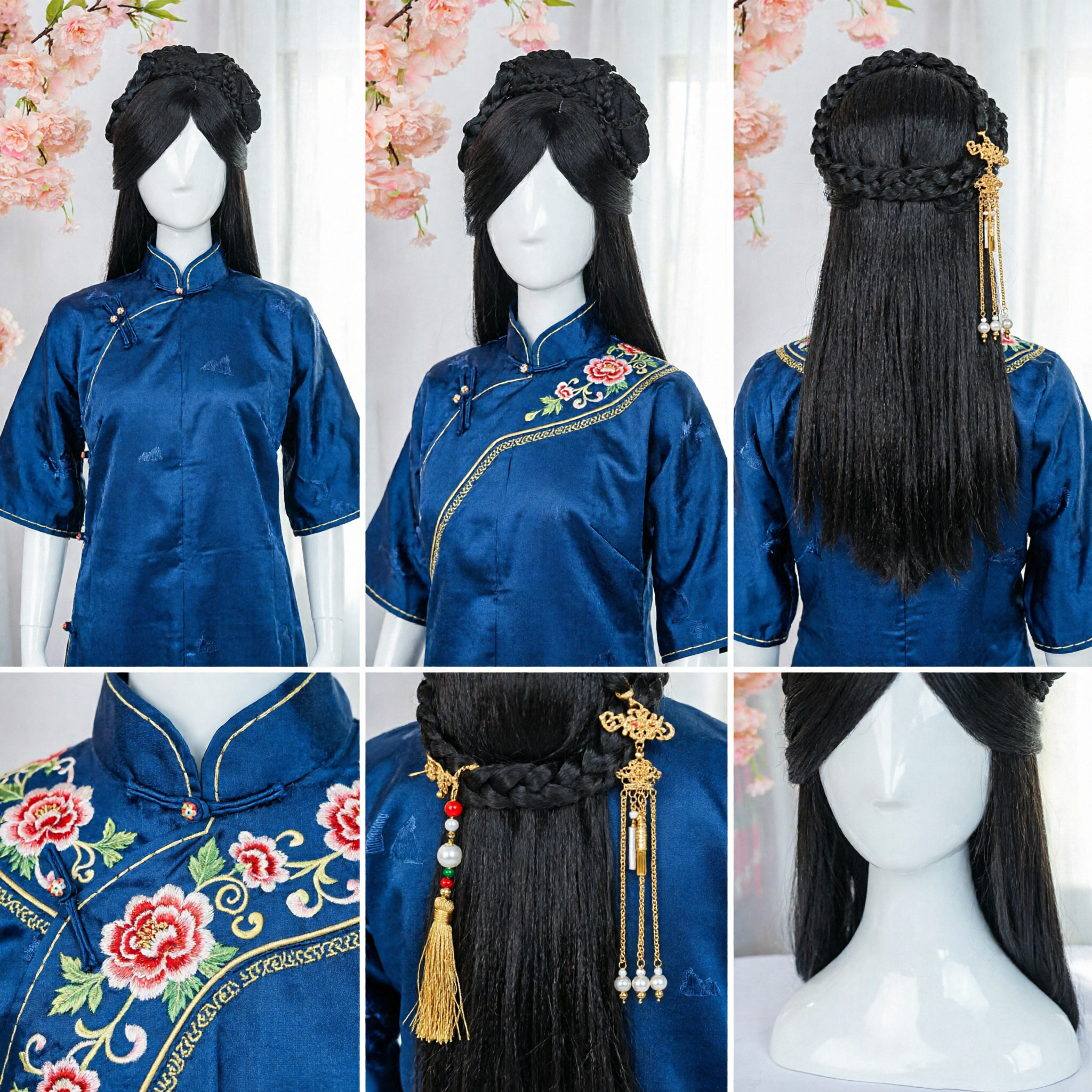 Starożytna Peruka Chińskiej Księżniczki Nakrycie Głowy do Hanfu Cosplay Proste Długie Czarne Włosy z Wplecioną Koroną dla Kobiet Występ Sceniczny - Asian Costume