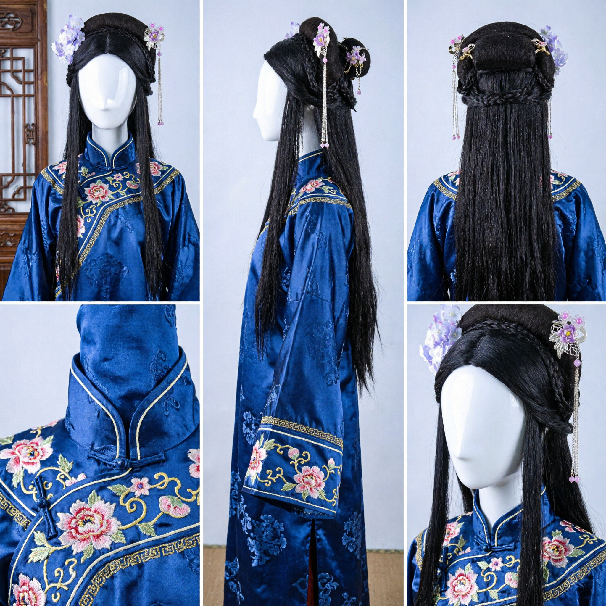 Peluca Hanfu China Antigua para Traje de Princesa, Cabello Largo Negro con Accesorios Florales para el Cabello, para Cosplay - Asian Costume