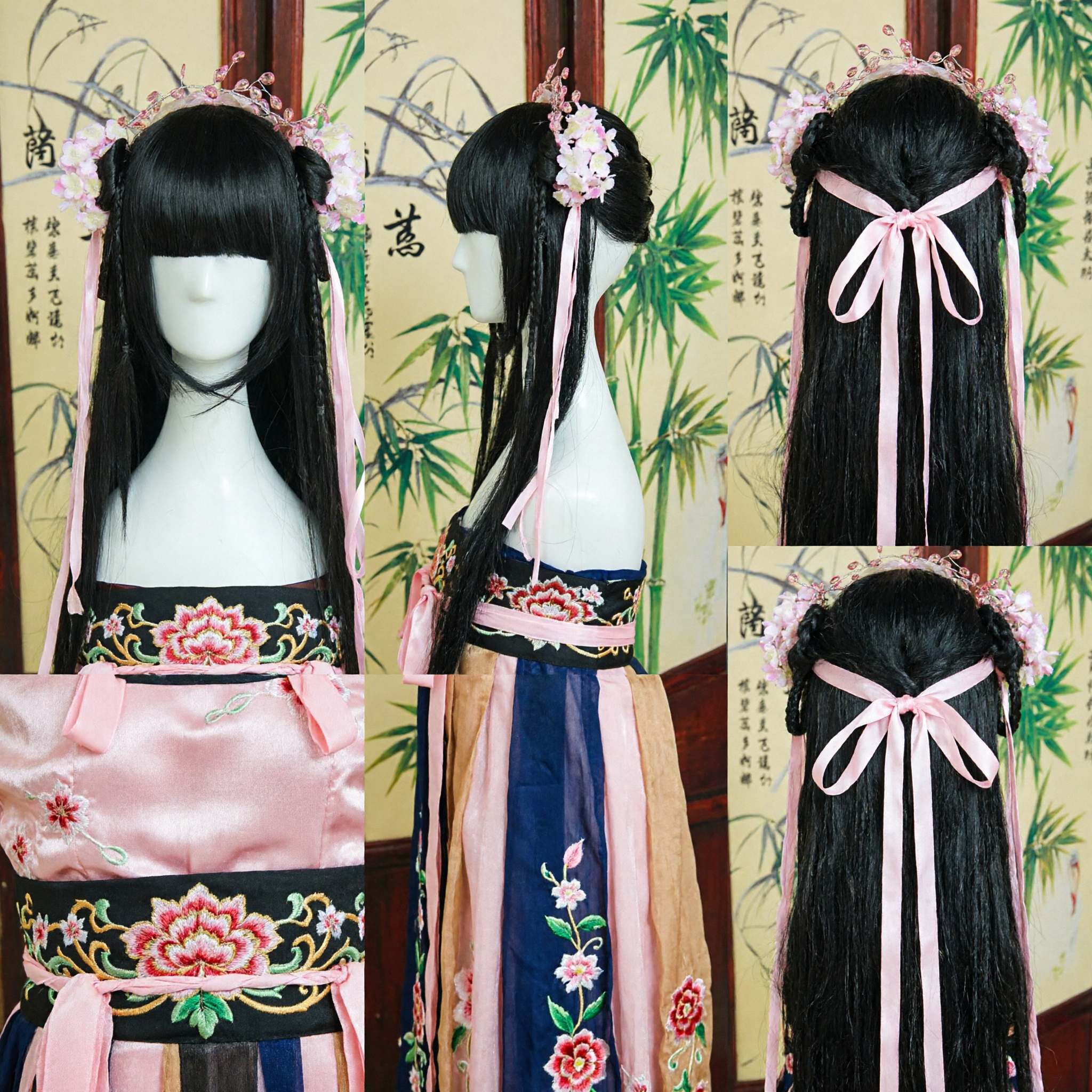 Traditioneel Chinees Oud Prinses Zwarte Pruik Set met Bloemige Haar Kroon voor Hanfu Cosplay en Podiumoptreden - Asian Costume