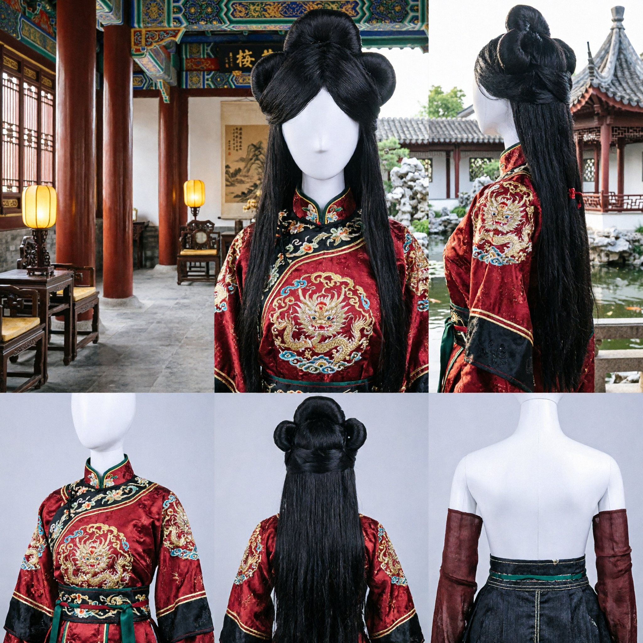 Peruca Longa Preta Chinesa Antiga Acessório Capilar Tradicional de Dama do Palácio para Hanfu Cosplay e Performance de Drama Histórico - Asian Costume