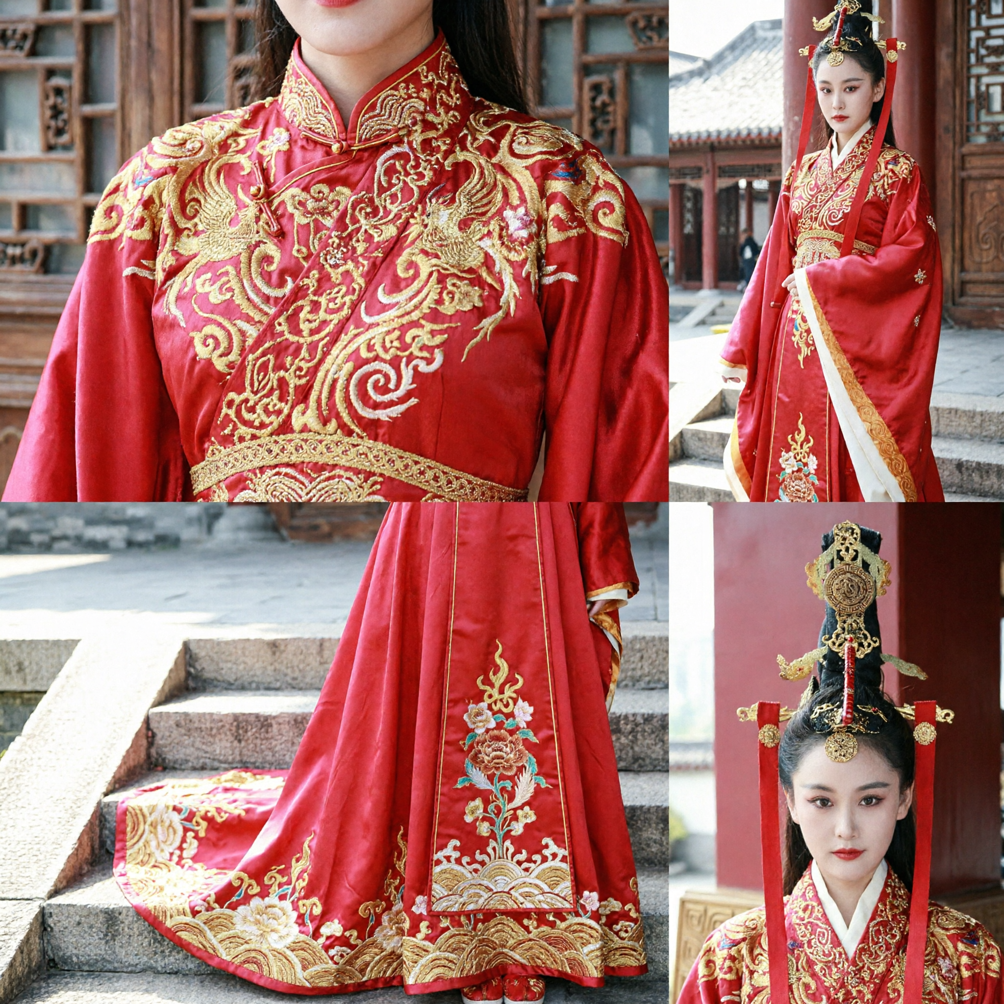 고대 중국 빨간색 한푸 의상 전통 황제 황후 드레스 금 자수 여성 웨딩용 - Asian Costume