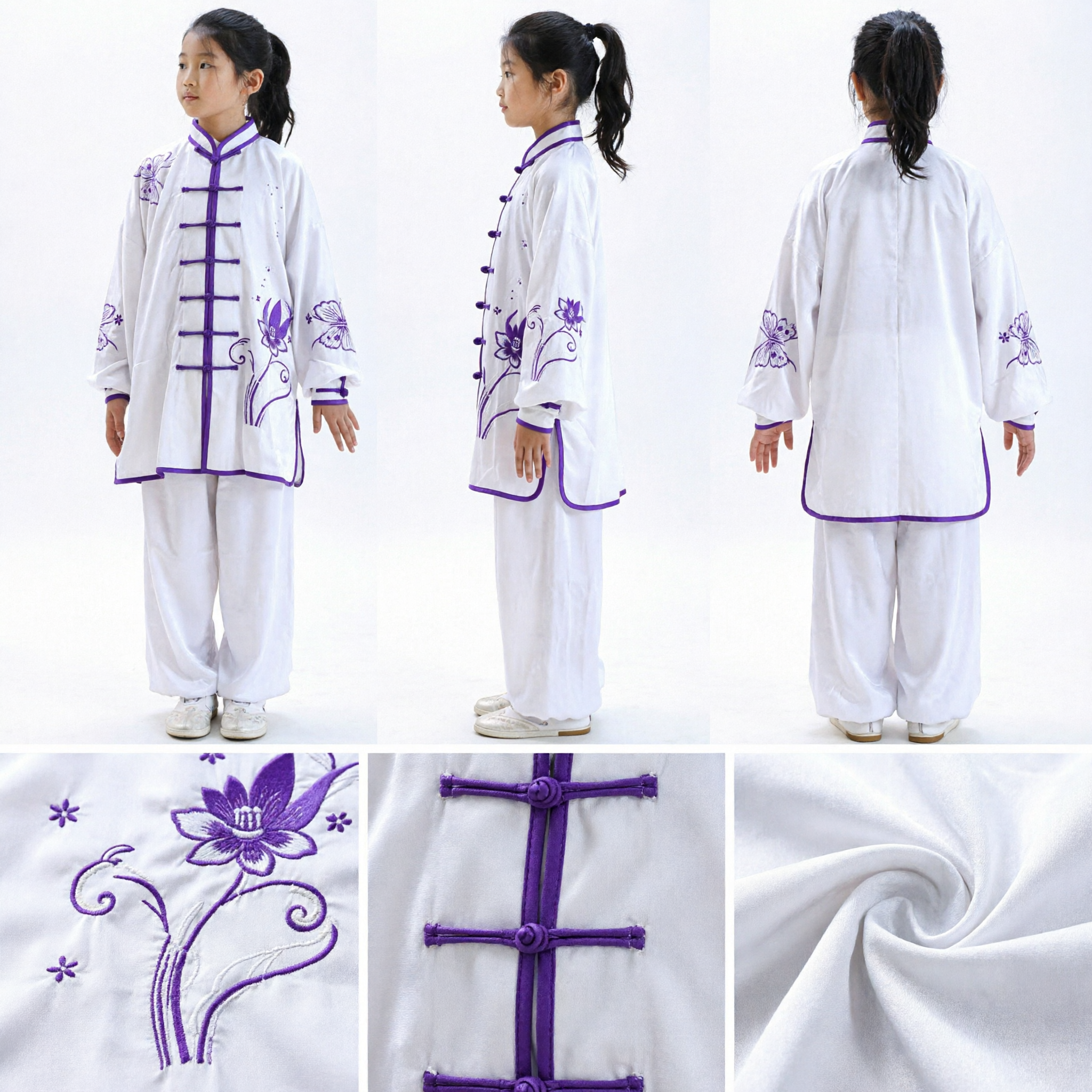 Divisa Tai Chi Kung Fu per Bambine Bianca Viola Costume Tradizionale Cinese Arti Marziali con Ricamo Farfalla - Asian Costume