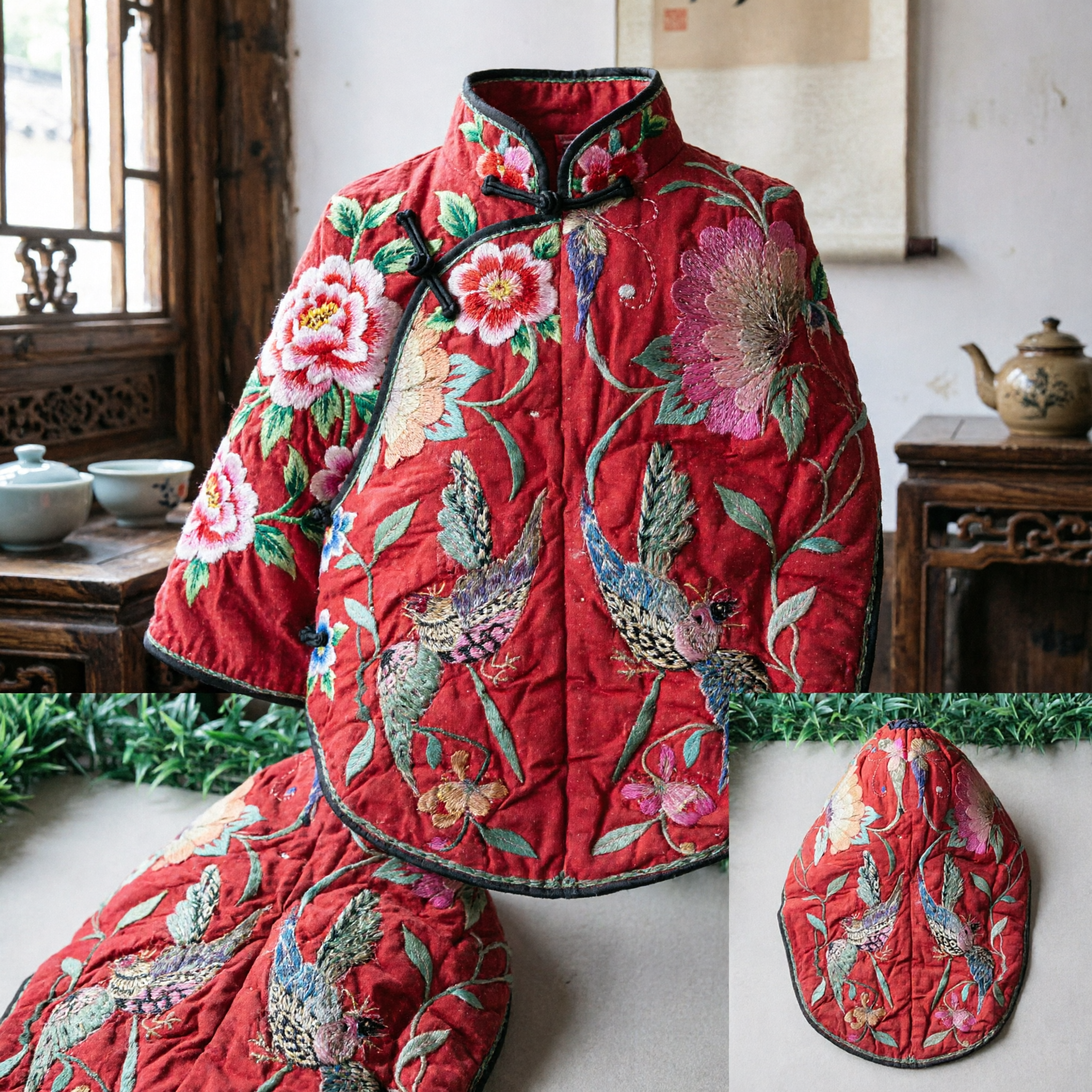 伝統的中国赤刺繍鳳凰花キルトキャップ 漢服結婚式・歴史衣装用 - Asian Costume