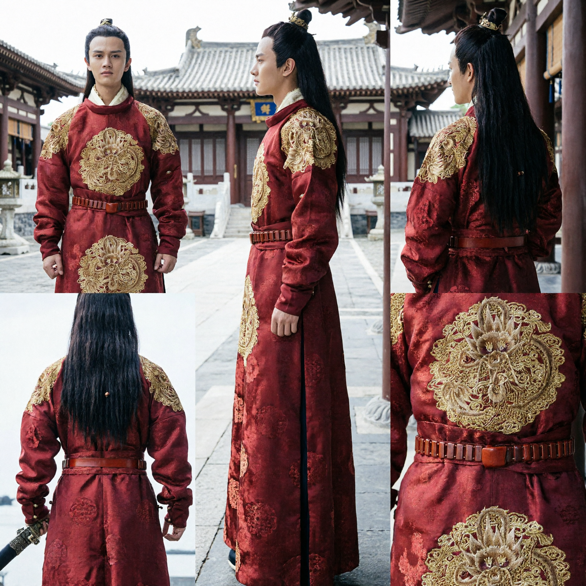 Veste Tradizionale Cinese della Dinastia Tang Rossa Ricamata Costume Hanfu Antico da Principe per Uomini per Cosplay - Asian Costume