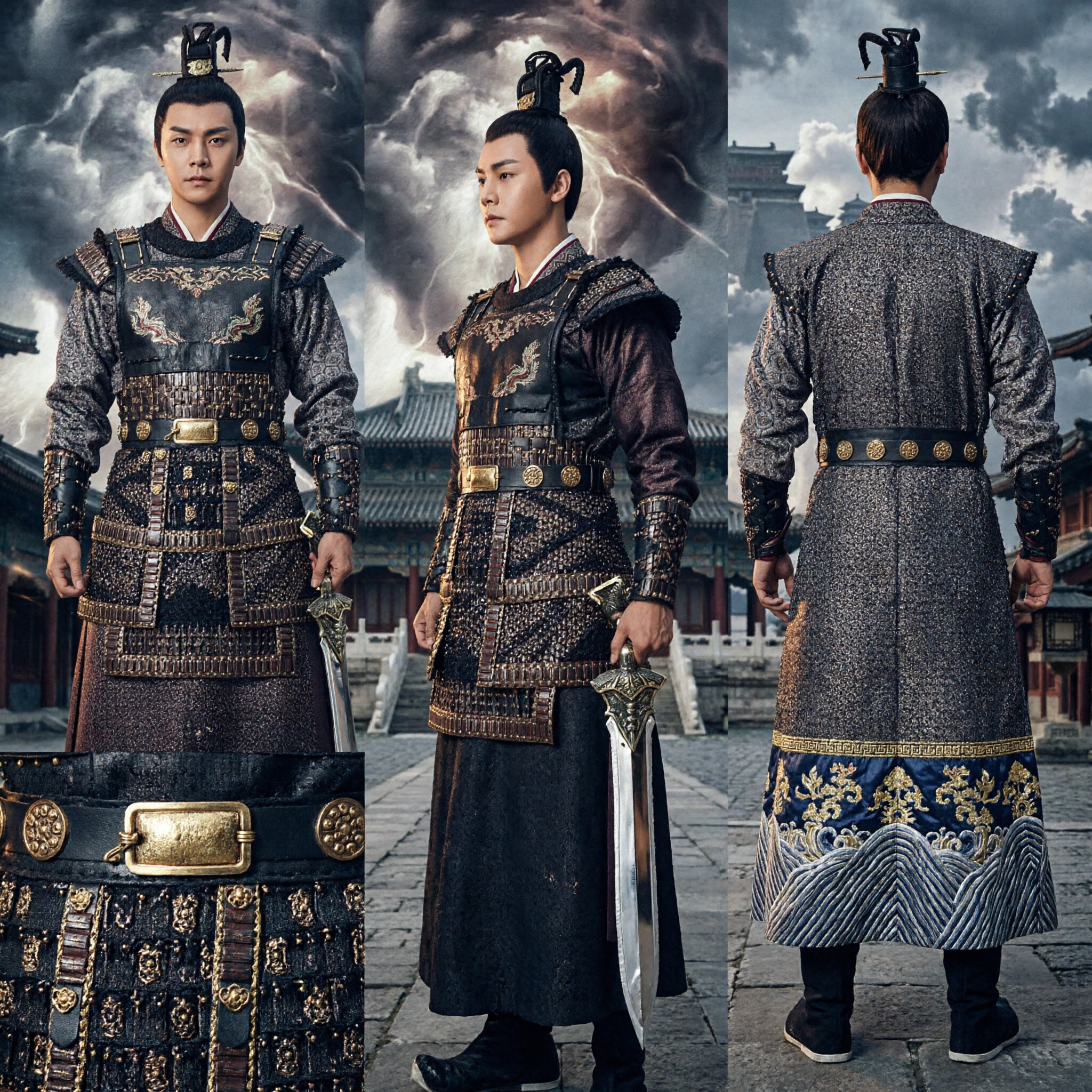 Costume d'armure de général chinois ancien pour hommes - Hanfu de guerrier à robe noire pour cosplay et scène - Asian Costume