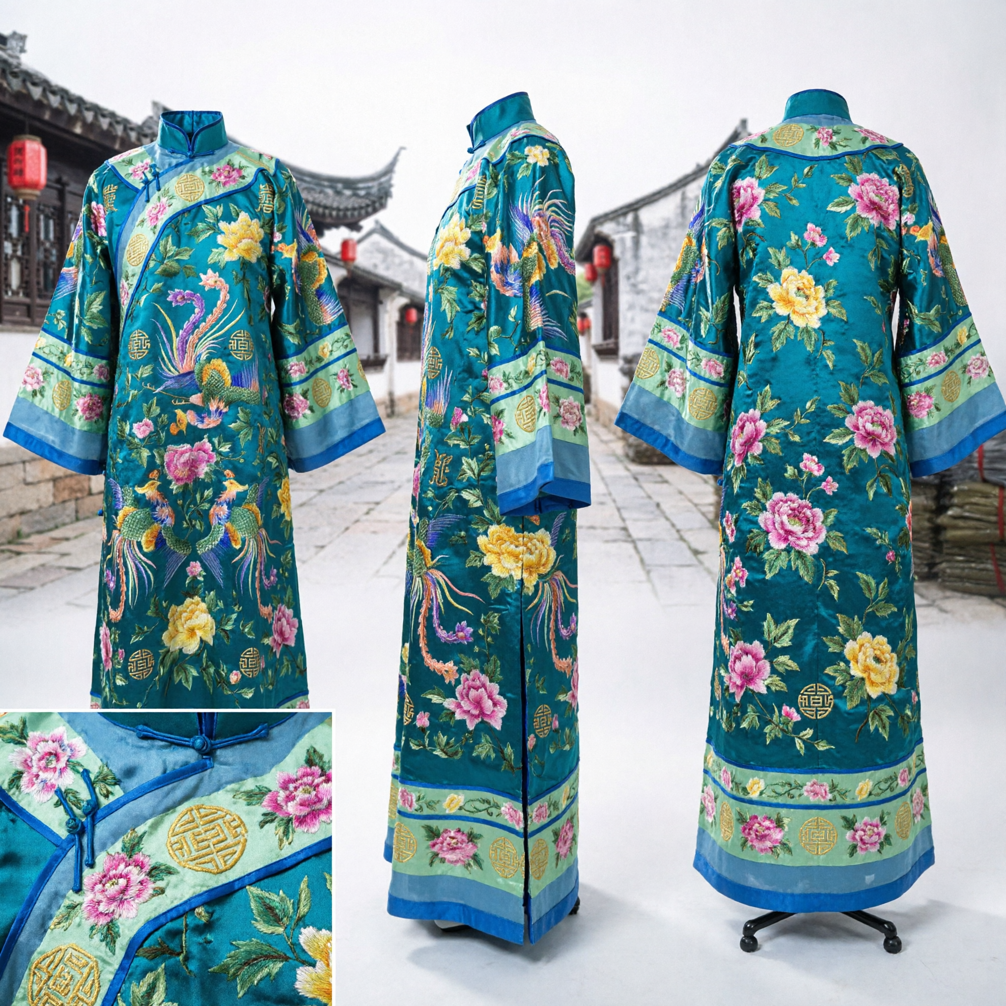 Traditional Chinese Peking Opera Costume Teal Blue Phoenix Peony Embroidery Robe for Women Stage Performance - Asian Costume